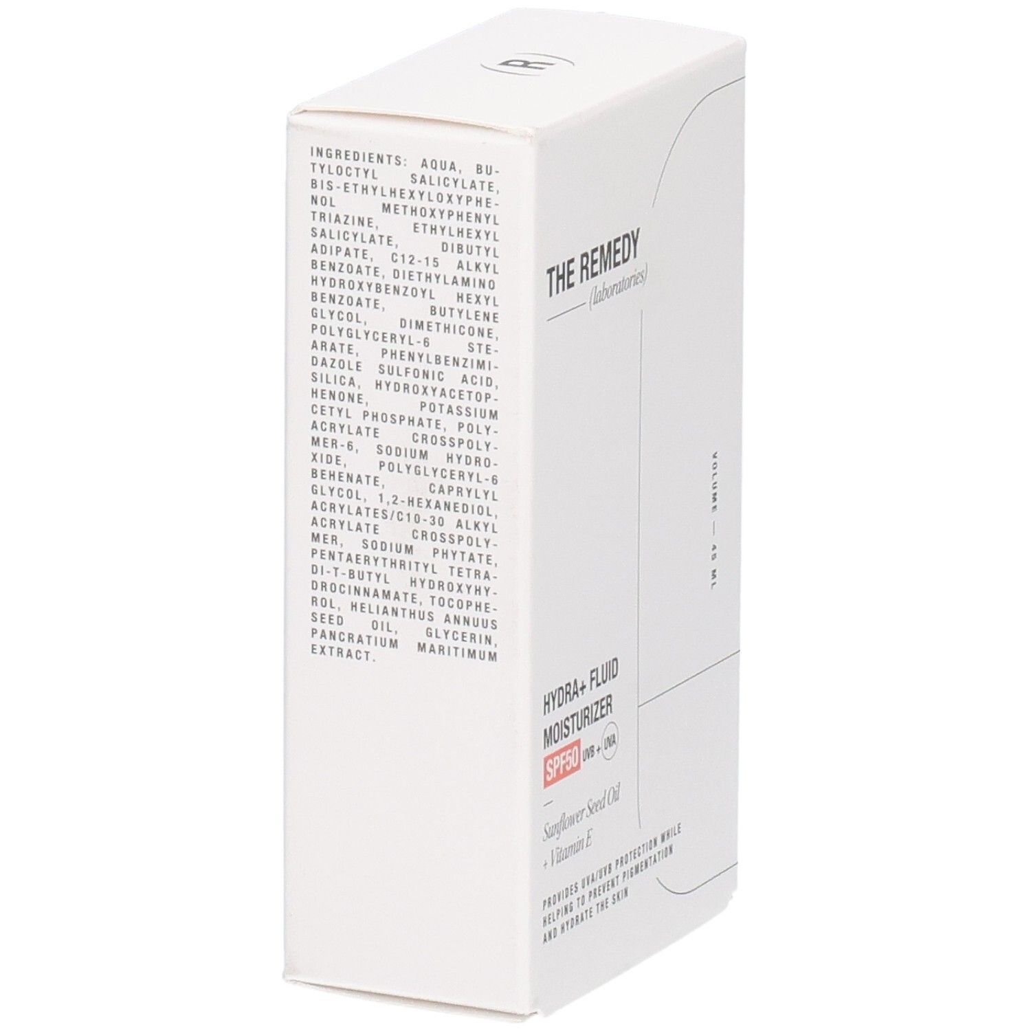 Verpackung: Hydra+ Fluid Moisturizer SPF50, Inhaltsstoffe auf der Seite aufgeführt.