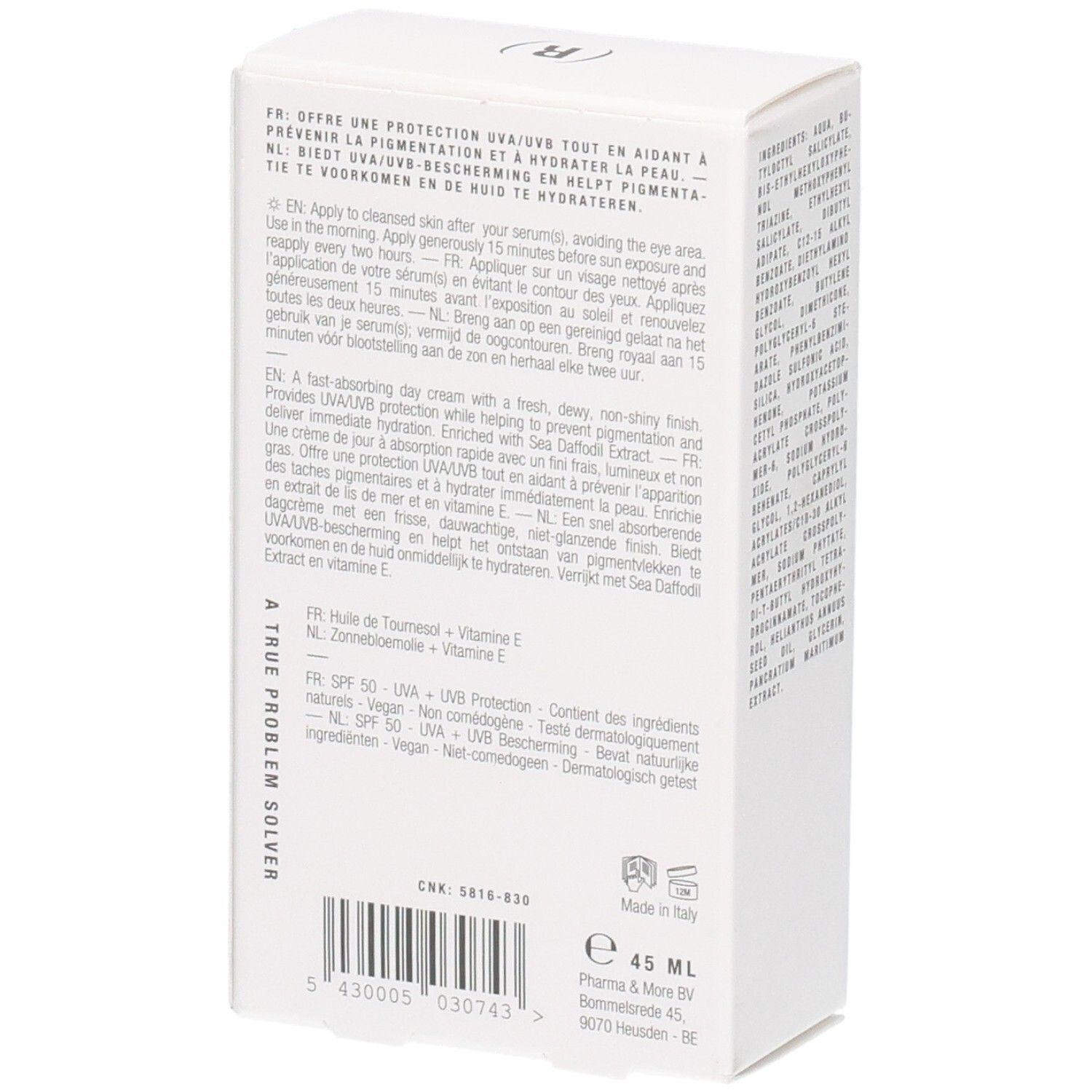 Verpackung: Hydra+ Fluid Moisturizer SPF50, Rückseite mit Anwendungshinweisen und Inhaltsstoffen.