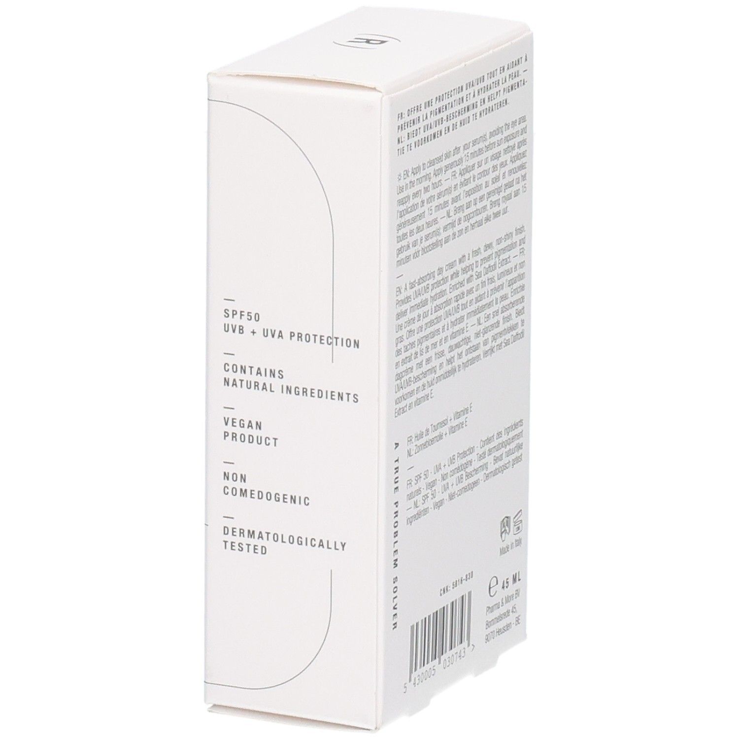 Verpackung: Hydra+ Fluid Moisturizer SPF50, Seite mit Produktmerkmalen wie vegan und dermatologisch getestet.