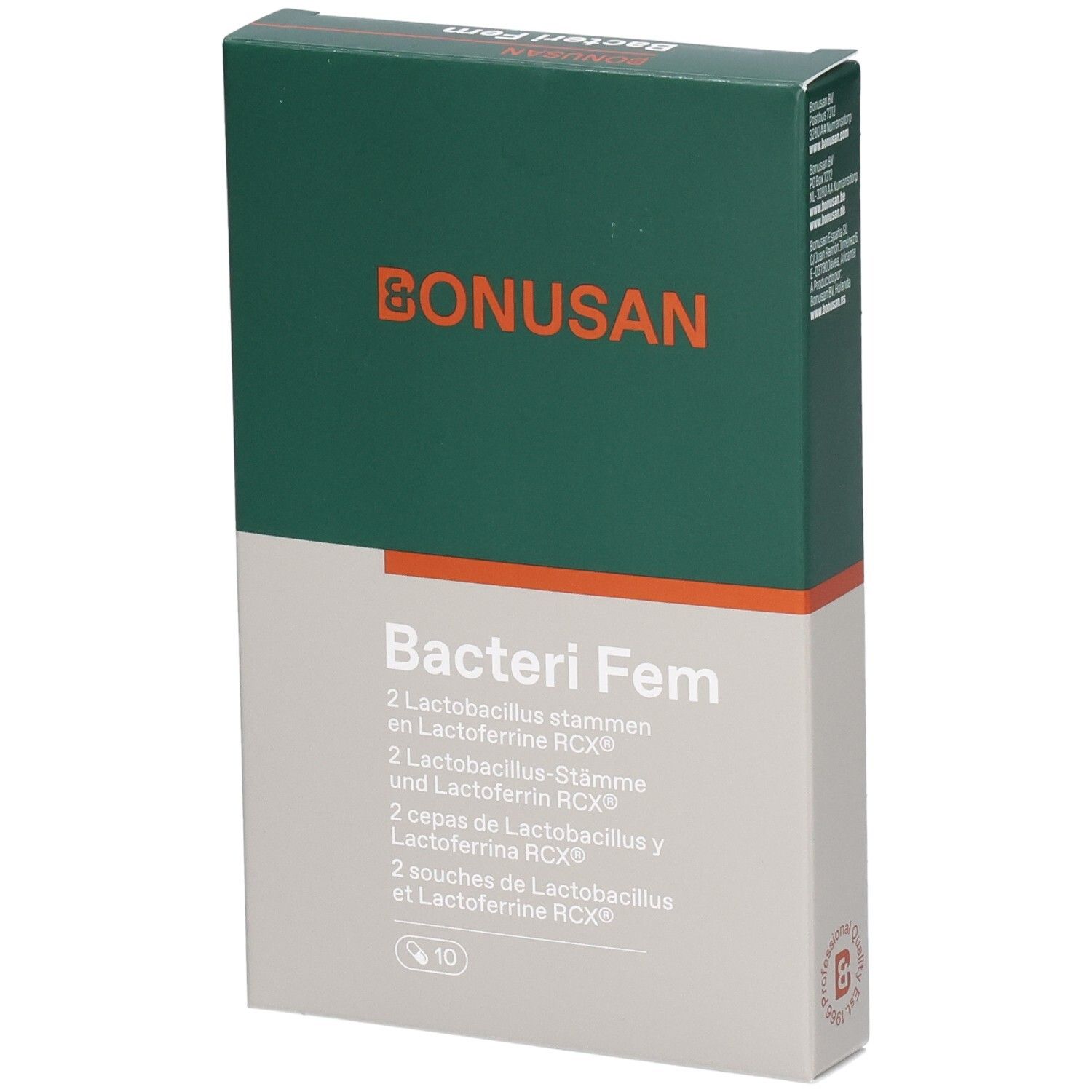 Bonusan Bacteri Fem-Verpackung. Grün-weiße Schachtel mit Produktnamen und Logo. Enthält 10 Stück.