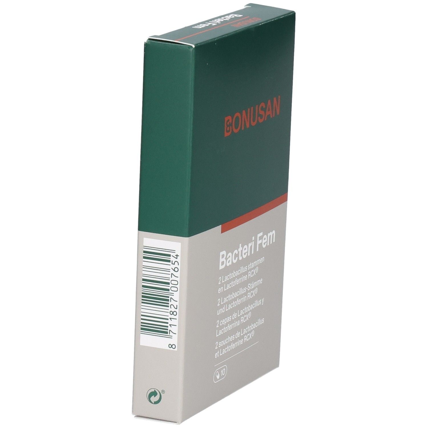 Bonusan Bacteri Fem-Verpackung, Seitenansicht. Grün-weiße Schachtel mit Barcode und Produktnamen.