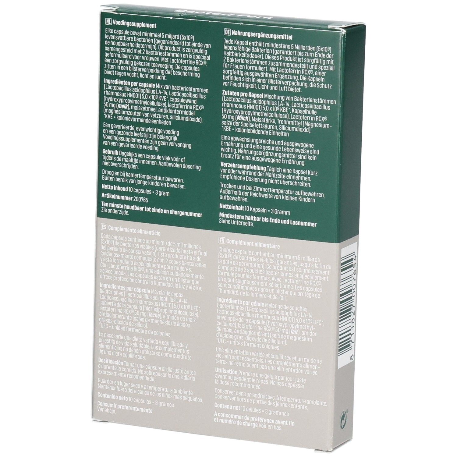 Rückseite der Bonusan Bacteri Fem-Verpackung. Text in mehreren Sprachen, Inhaltsstoffe und Informationen.