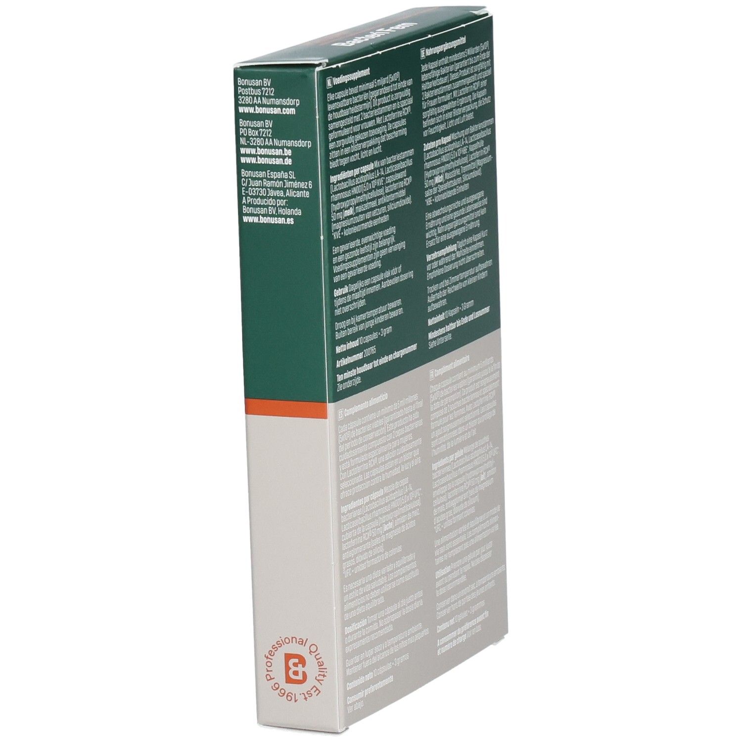 Seite der Bonusan Bacteri Fem-Verpackung. Text mit Unternehmensinformationen und Logo.