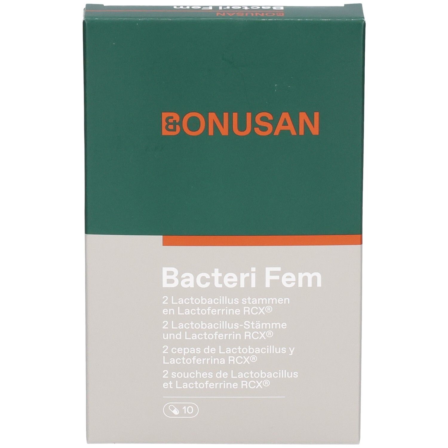 Bonusan Bacteri Fem-Verpackung. Grün-weiße Schachtel mit Produktnamen und Logo. Enthält 10 Stück.
