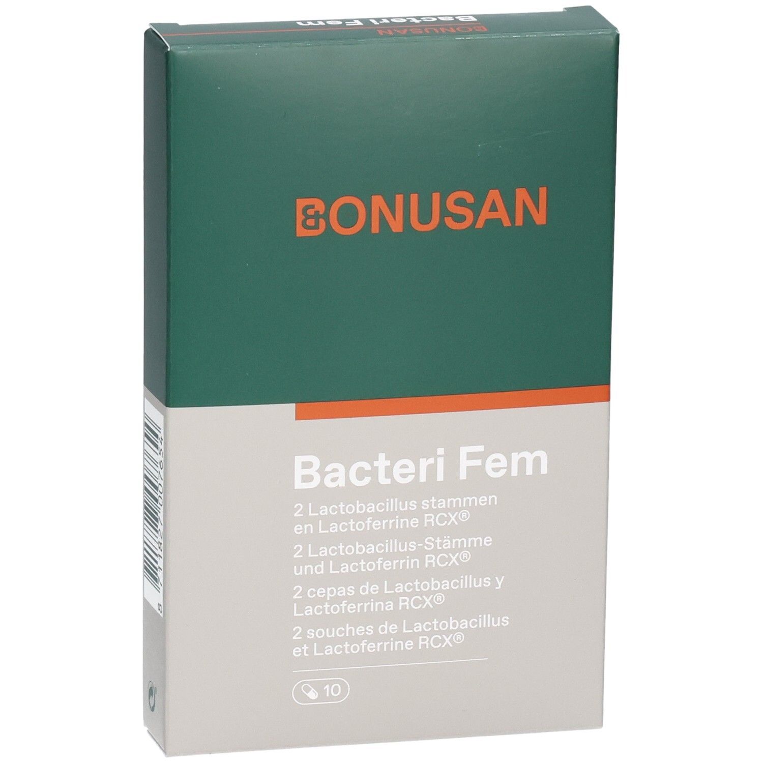 Bonusan Bacteri Fem-Verpackung. Grün-weiße Schachtel mit Produktnamen und Logo. Enthält 10 Stück.