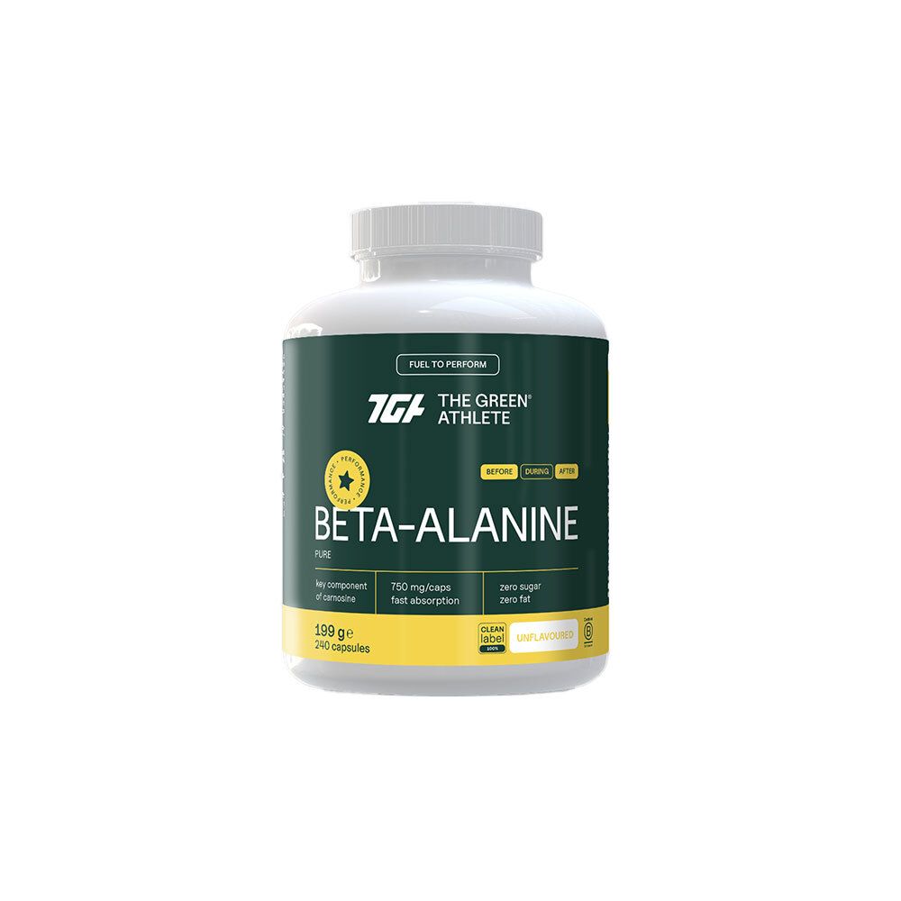 Pot blanc avec étiquette verte : The Green Athlete Bêta-Alanine, "Fuel to Perform", 199 g, 240 capsules.