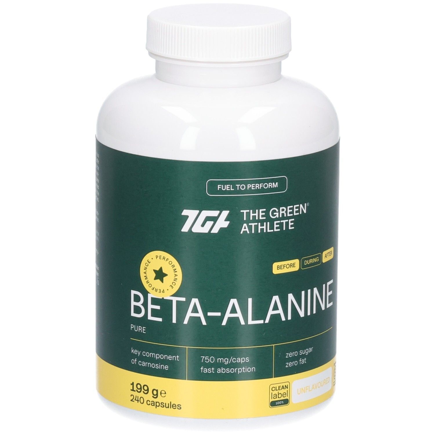 Weiße Kapsel mit grünem Etikett: The Green Athlete Beta-Alanine, 750 mg/Kapsel, 199 g, 240 Kapseln.