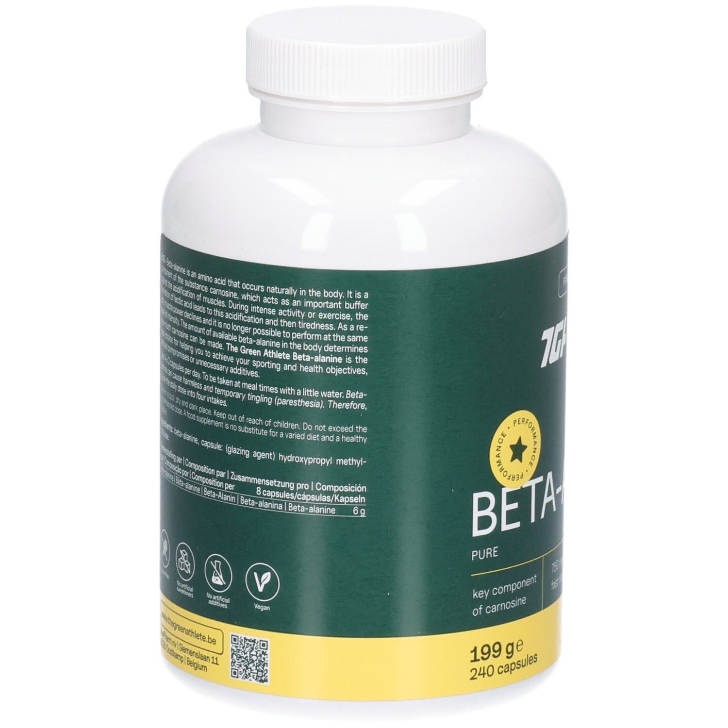 Rückseite der weißen Kapselverpackung mit grünem Etikett: The Green Athlete Beta-Alanine, Inhaltsstoffe und Anwendungshinweise.