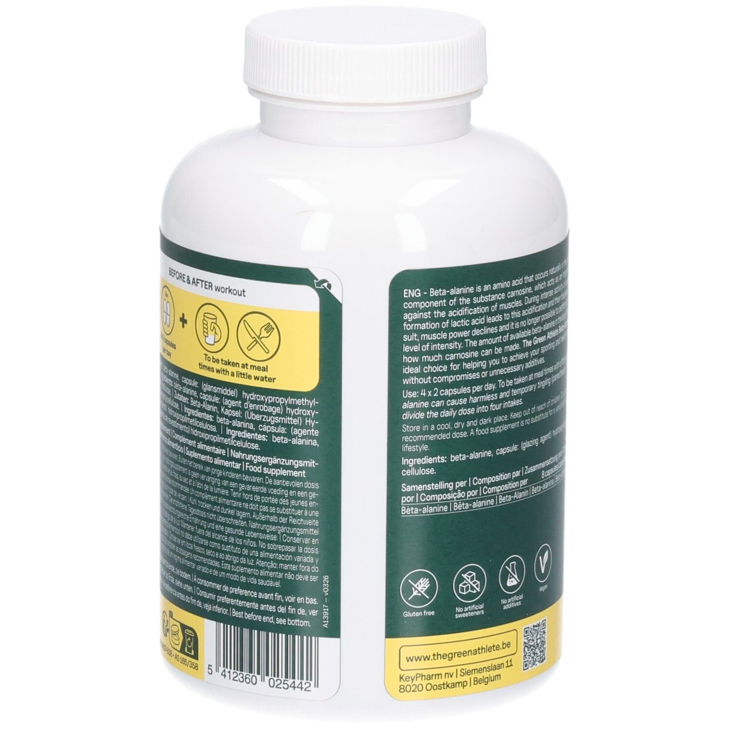 Seitenansicht der weißen Kapselverpackung mit grünem Etikett: The Green Athlete Beta-Alanine, Barcode und Zertifizierungen.