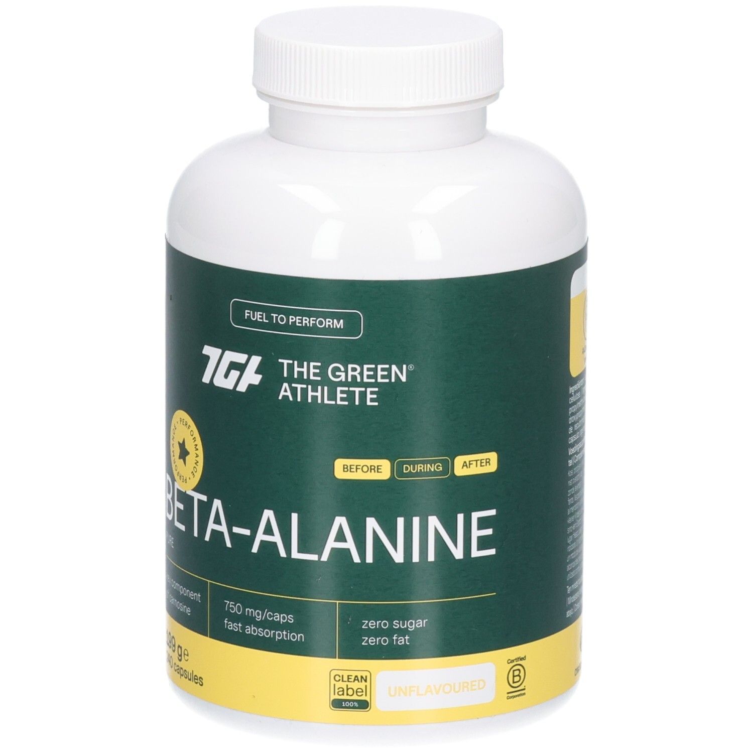 Vorderseite der weißen Kapselverpackung mit grünem Etikett: The Green Athlete Beta-Alanine, "Fuel to Perform", 750 mg/Kapsel.