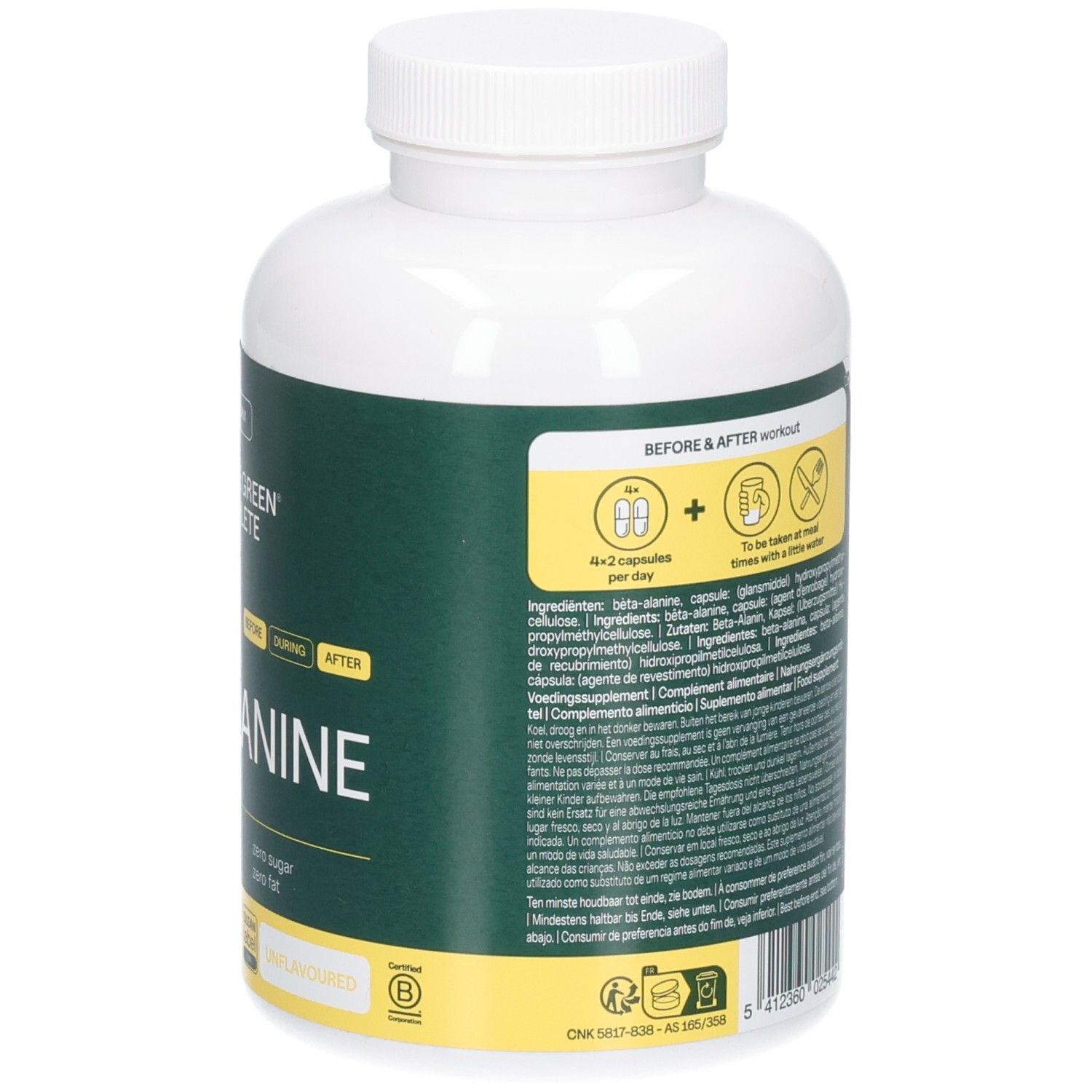 Rückseite der weißen Kapselverpackung mit grünem Etikett: The Green Athlete Beta-Alanine, Anwendungshinweise und Inhaltsstoffe.