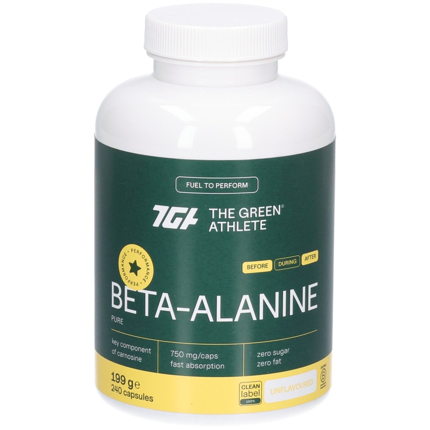 Vorderseite der weißen Kapselverpackung mit grünem Etikett: The Green Athlete Beta-Alanine, "Fuel to Perform", 199 g.