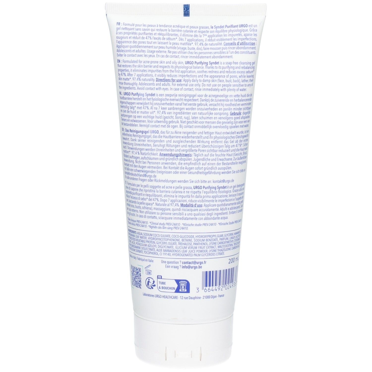 Weiße Tube mit blauer Schrift, 200ml. Enthält Informationen zur Anwendung und Inhaltsstoffe.