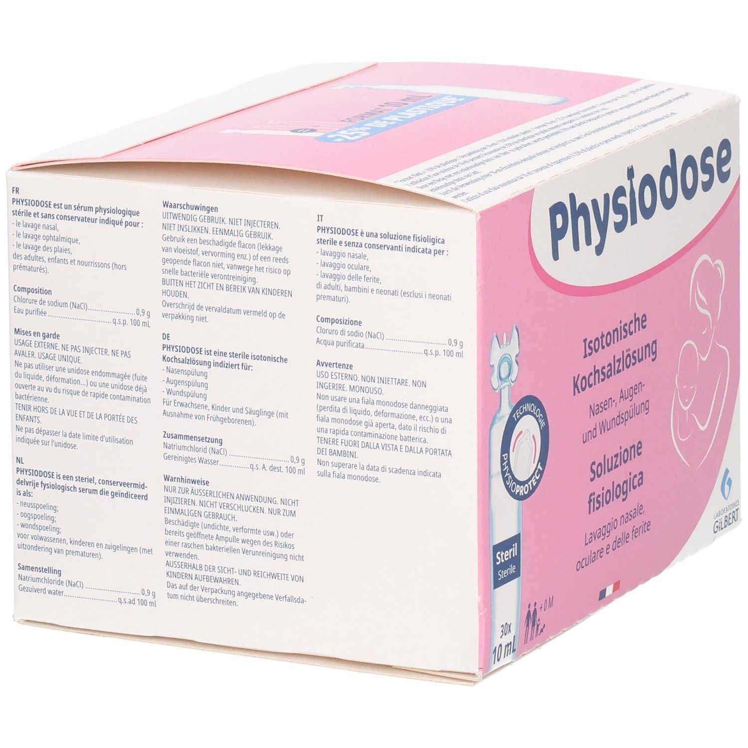 Physiodose Kochsalzlösung: Rückseite der Packung mit Zusammensetzung und Anwendungshinweisen.