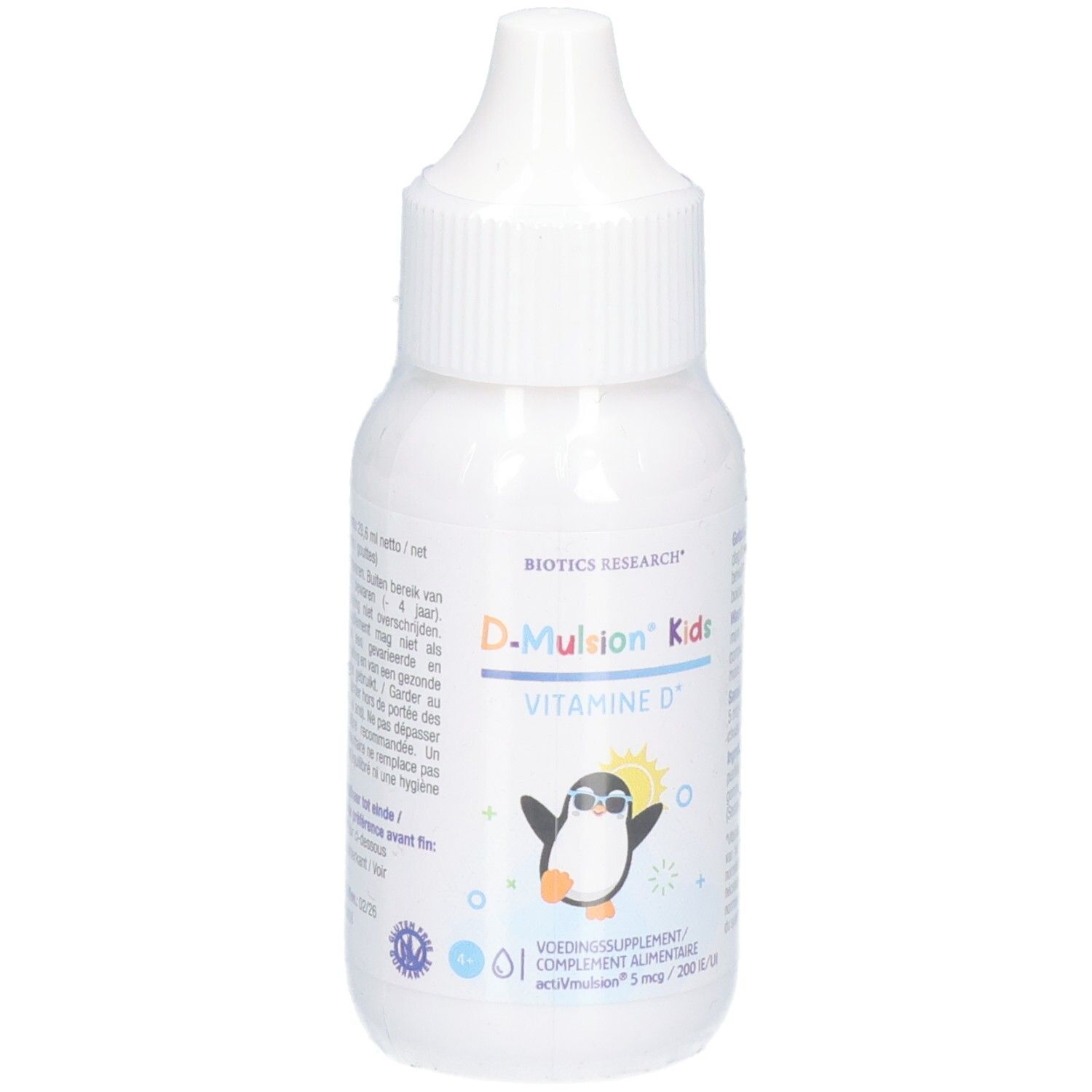 D-Mulsion Kids Vitamin D3 Tropfen mit Pinguin-Motiv auf weißem Fläschchen.