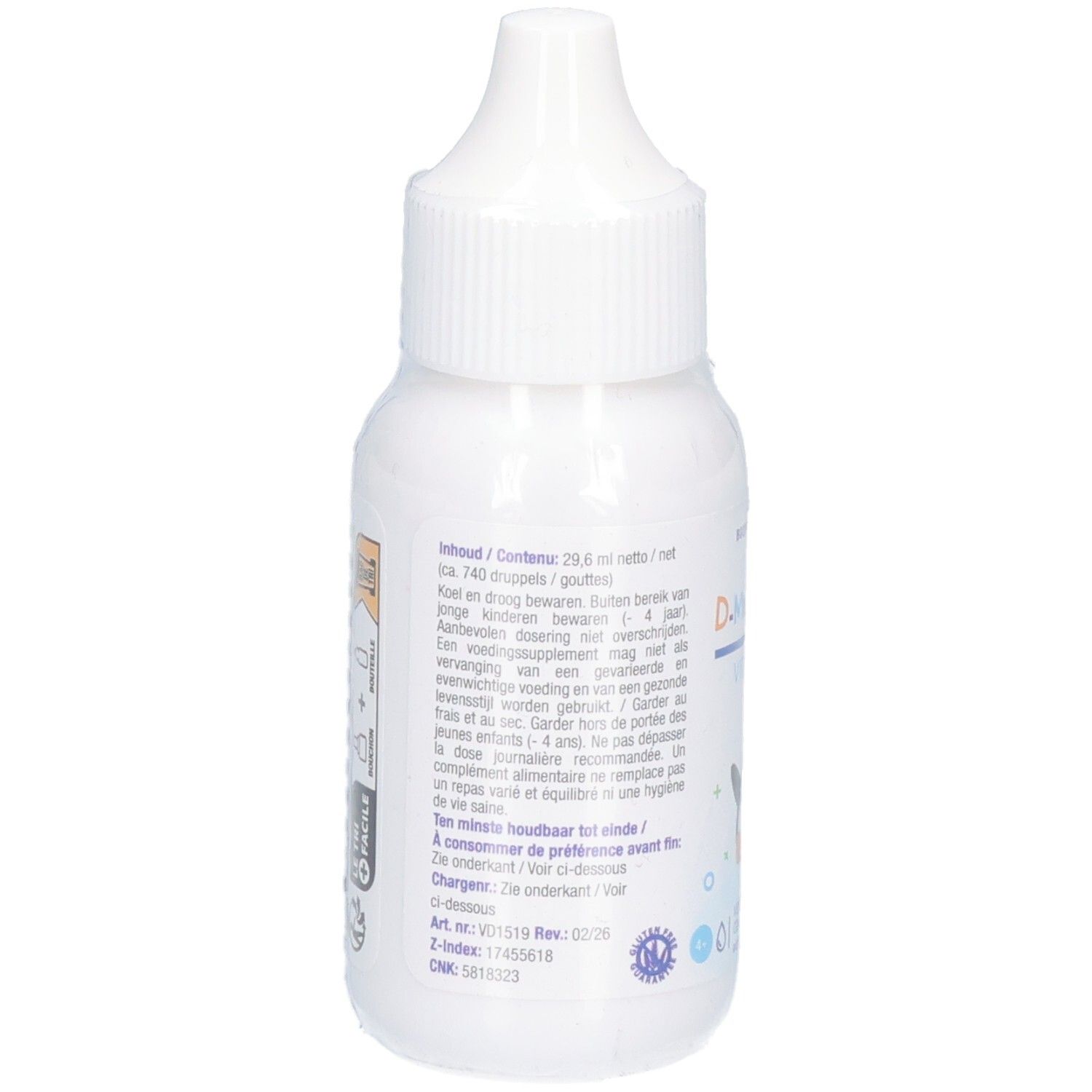 Rückseite des D-Mulsion Kids Vitamin D3 Tropfenfläschchens mit Anwendungshinweisen.