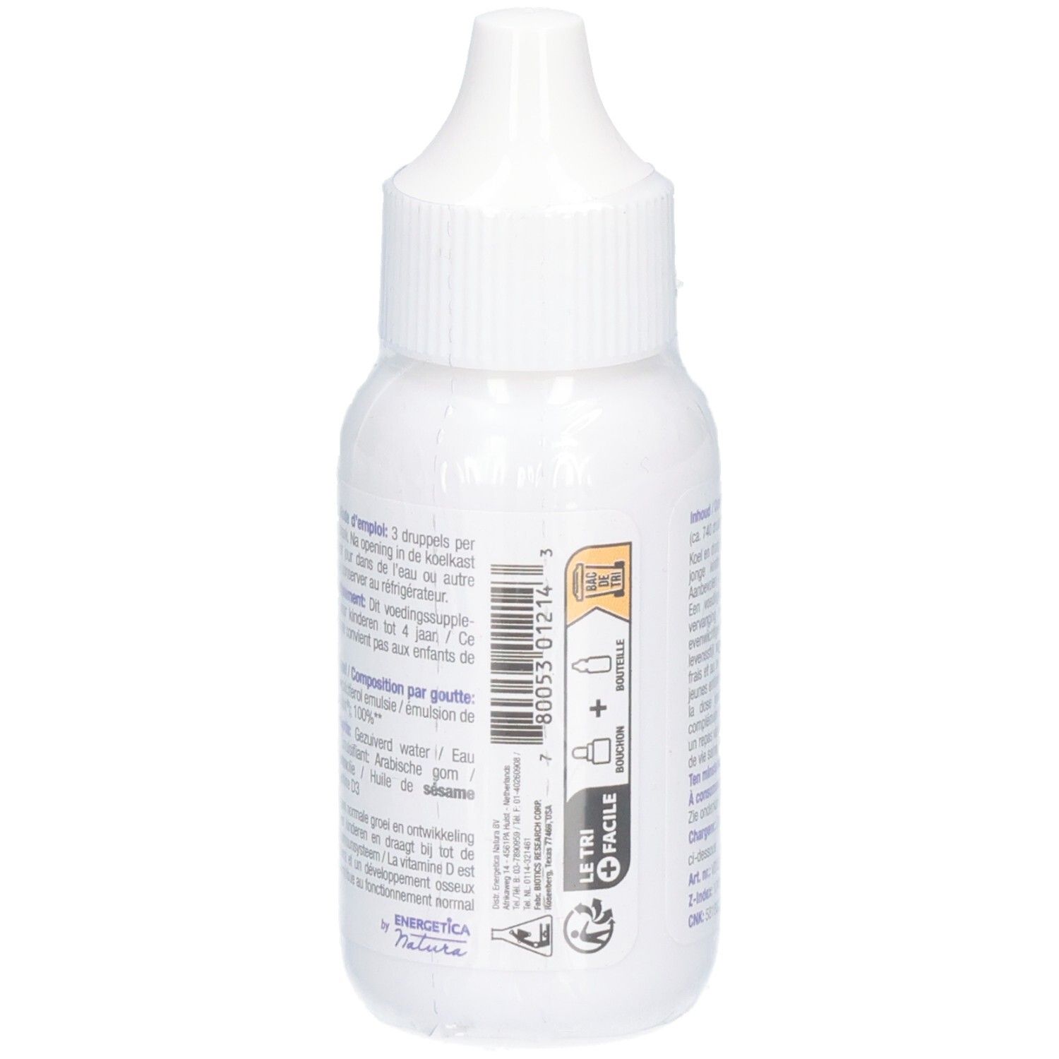 Seitenansicht des D-Mulsion Kids Vitamin D3 Tropfenfläschchens mit Barcode und Hinweisen.