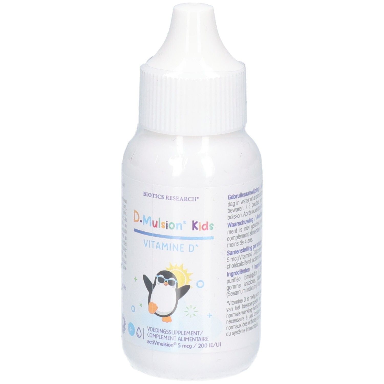 D-Mulsion Kids Vitamin D3 Tropfenfläschchen mit Pinguin-Motiv und deutschen Anwendungshinweisen.