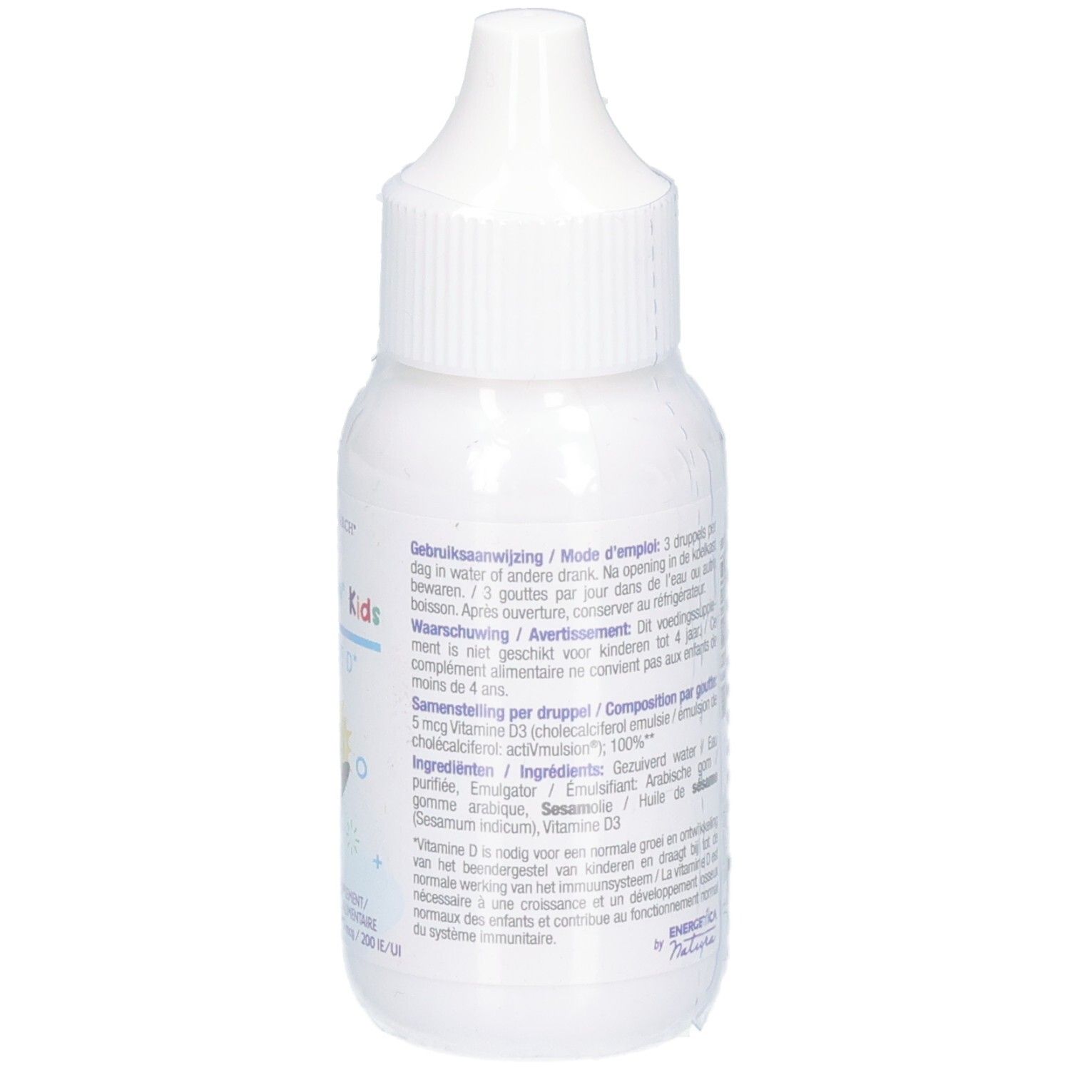 D-Mulsion Kids Vitamin D3 Tropfenfläschchen mit Pinguin-Motiv und französischen Anwendungshinweisen.