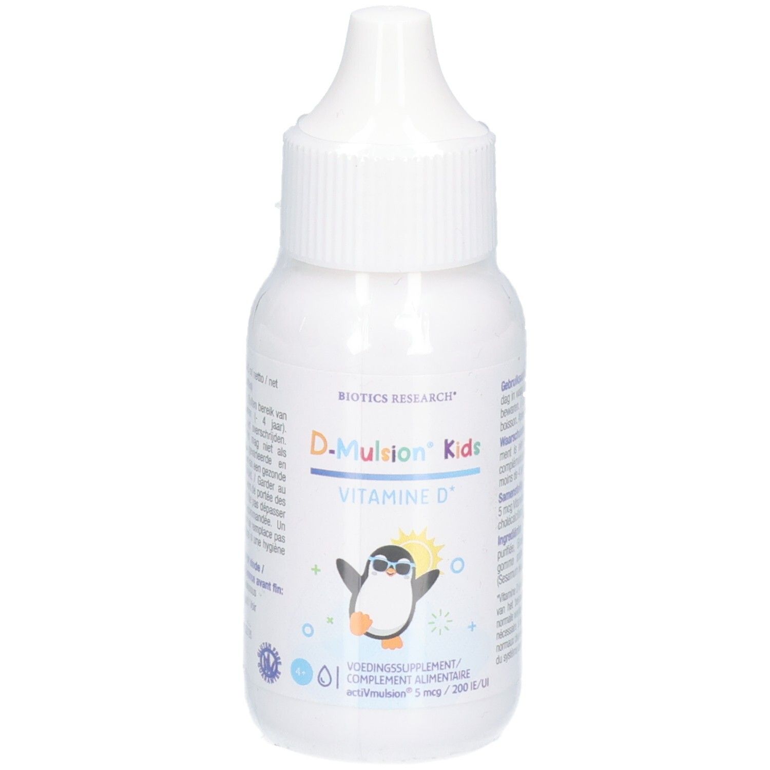 D-Mulsion Kids Vitamin D3 Tropfenfläschchen mit Pinguin-Motiv und niederländischen Anwendungshinweisen.