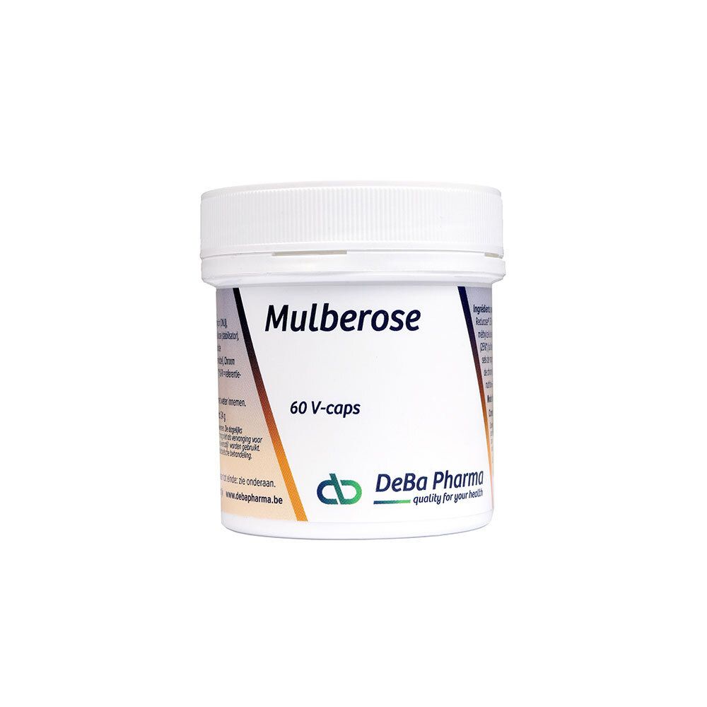 Récipient blanc avec couvercle. Inscription: Mulberose, 60 V-caps. Logo DeBa Pharma.
