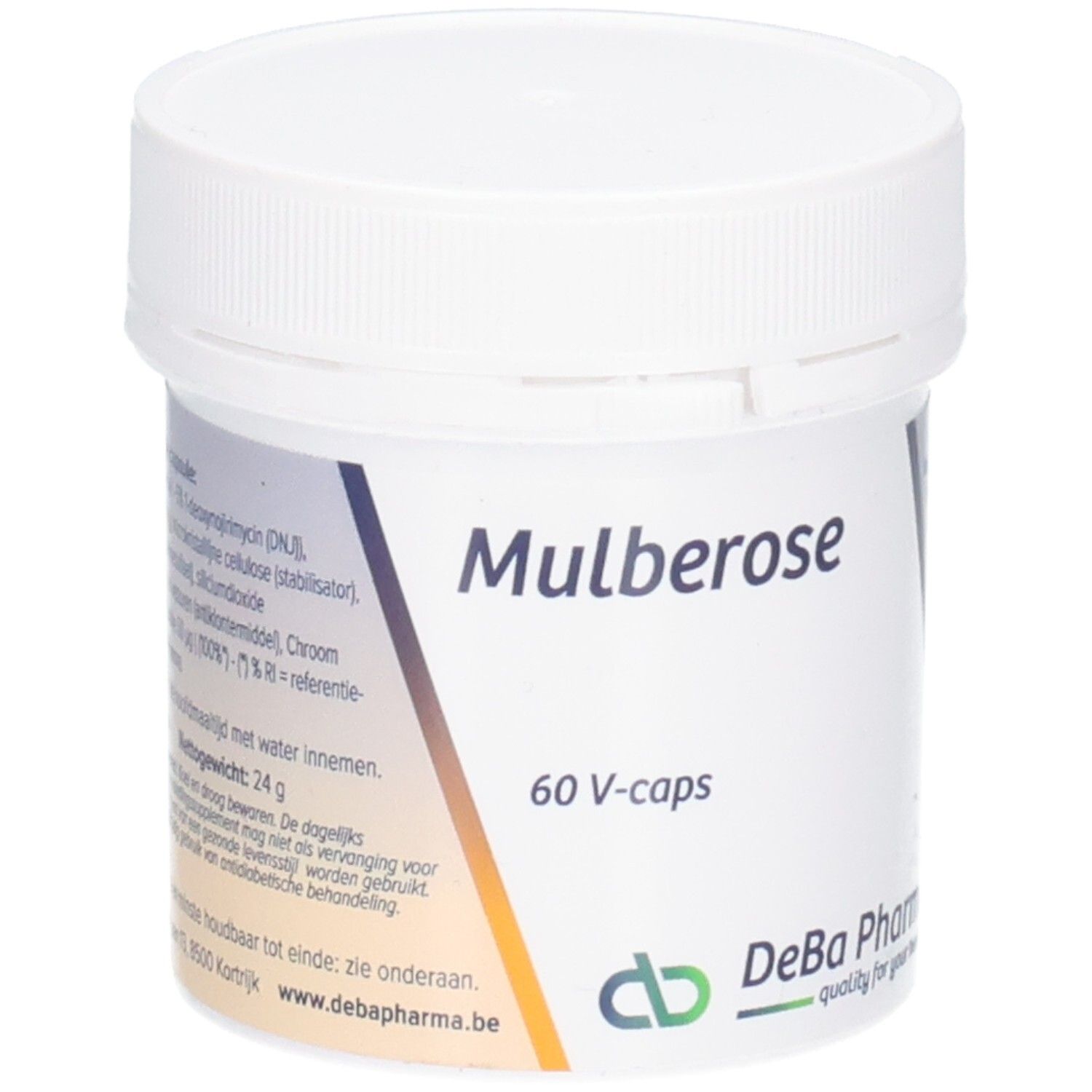 Weißes Behältnis mit Deckel. Aufschrift: Mulberose, 60 V-caps. Logo DeBa Pharma.