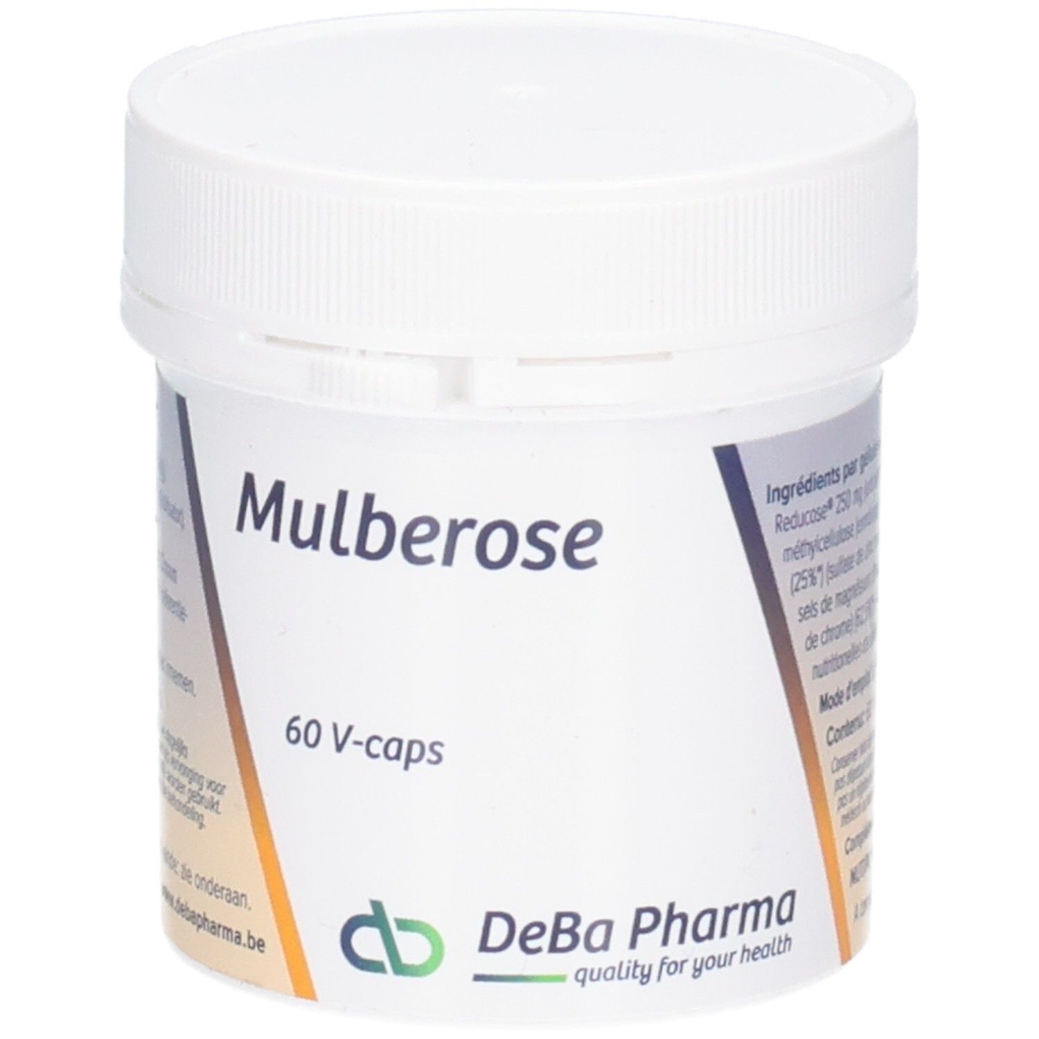 Weißes Behältnis mit Deckel. Aufschrift: Mulberose, 60 V-caps. Logo DeBa Pharma.