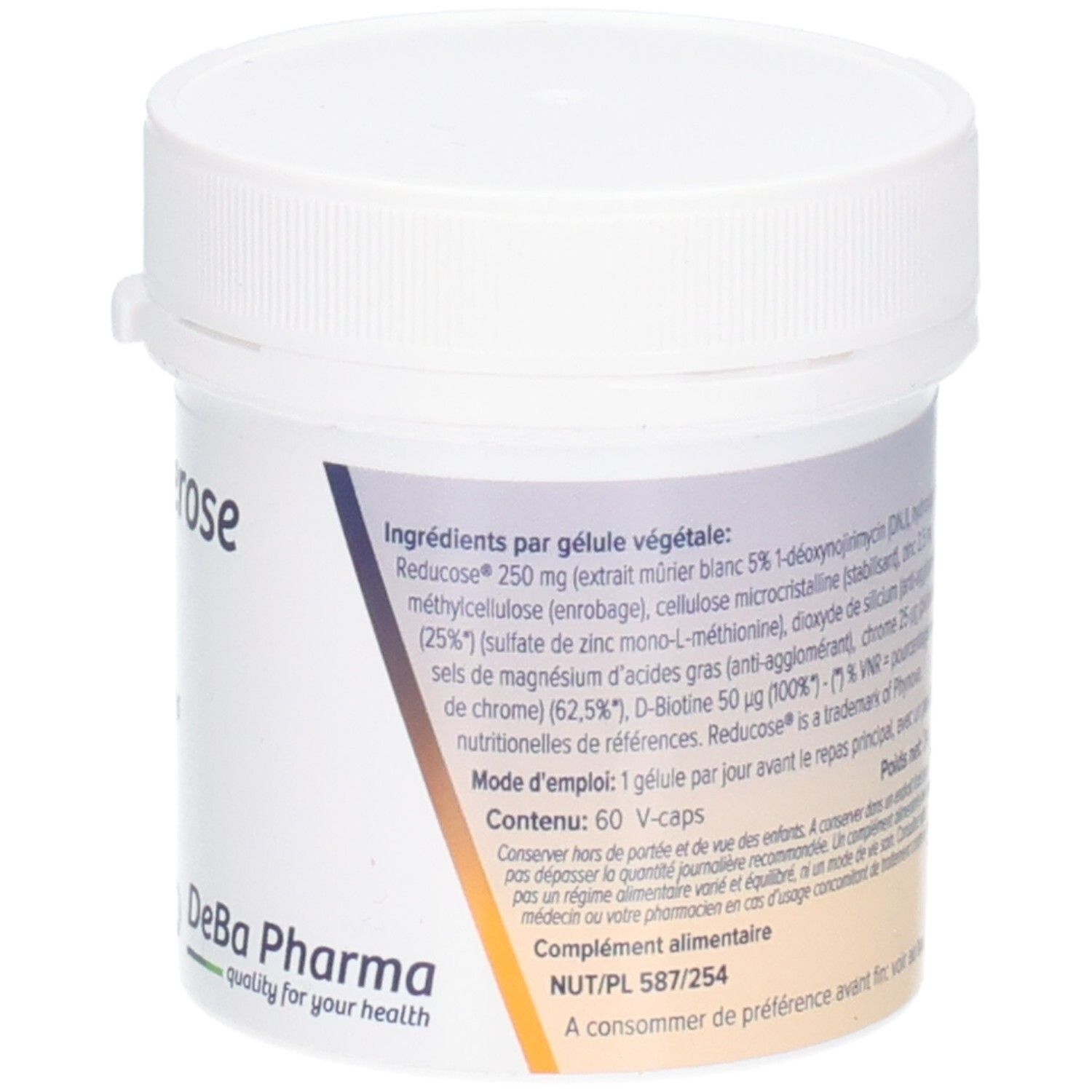 Weißes Behältnis mit Deckel. Text mit Inhaltsstoffen und Gebrauchsanweisung. Logo DeBa Pharma.