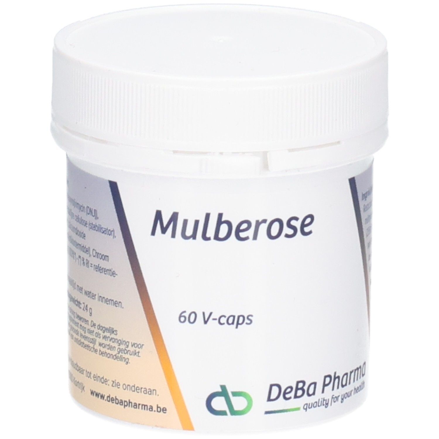 Weißes Behältnis mit Deckel. Aufschrift: Mulberose, 60 V-caps. Logo DeBa Pharma.