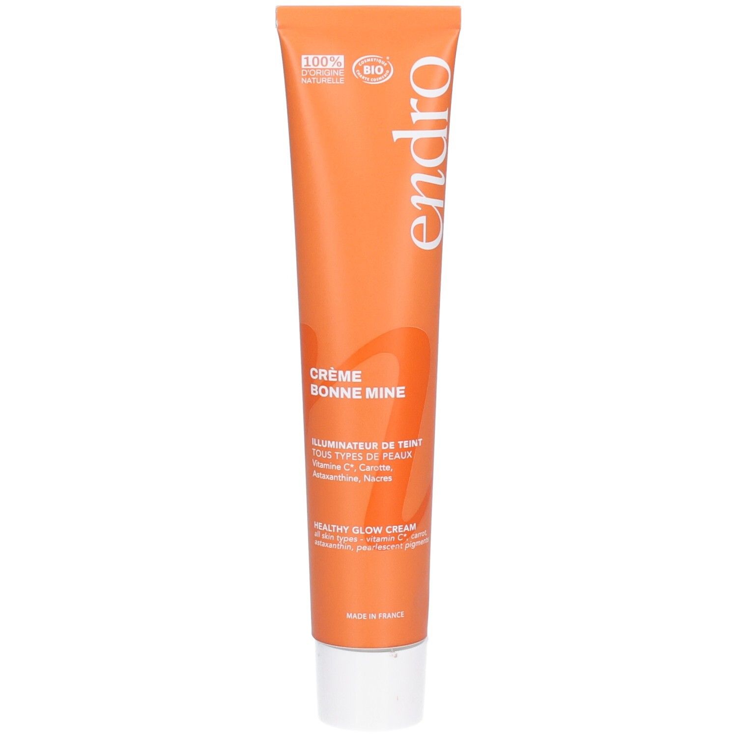 Orange Tube mit "endro" Logo und "Crème Bonne Mine" Aufschrift. Enthält 100% natürliche und Bio-Inhaltsstoffe.