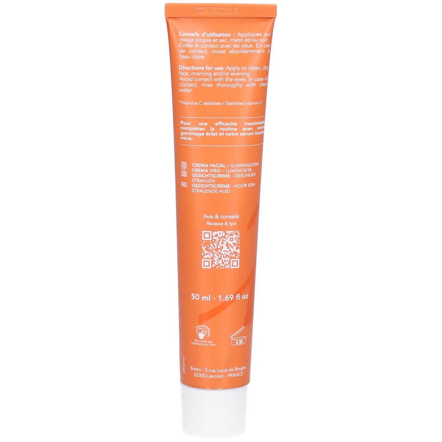 Rückseite einer orangefarbenen Tube mit Anwendungshinweisen und Inhaltsstoffen. Enthält 50 ml.