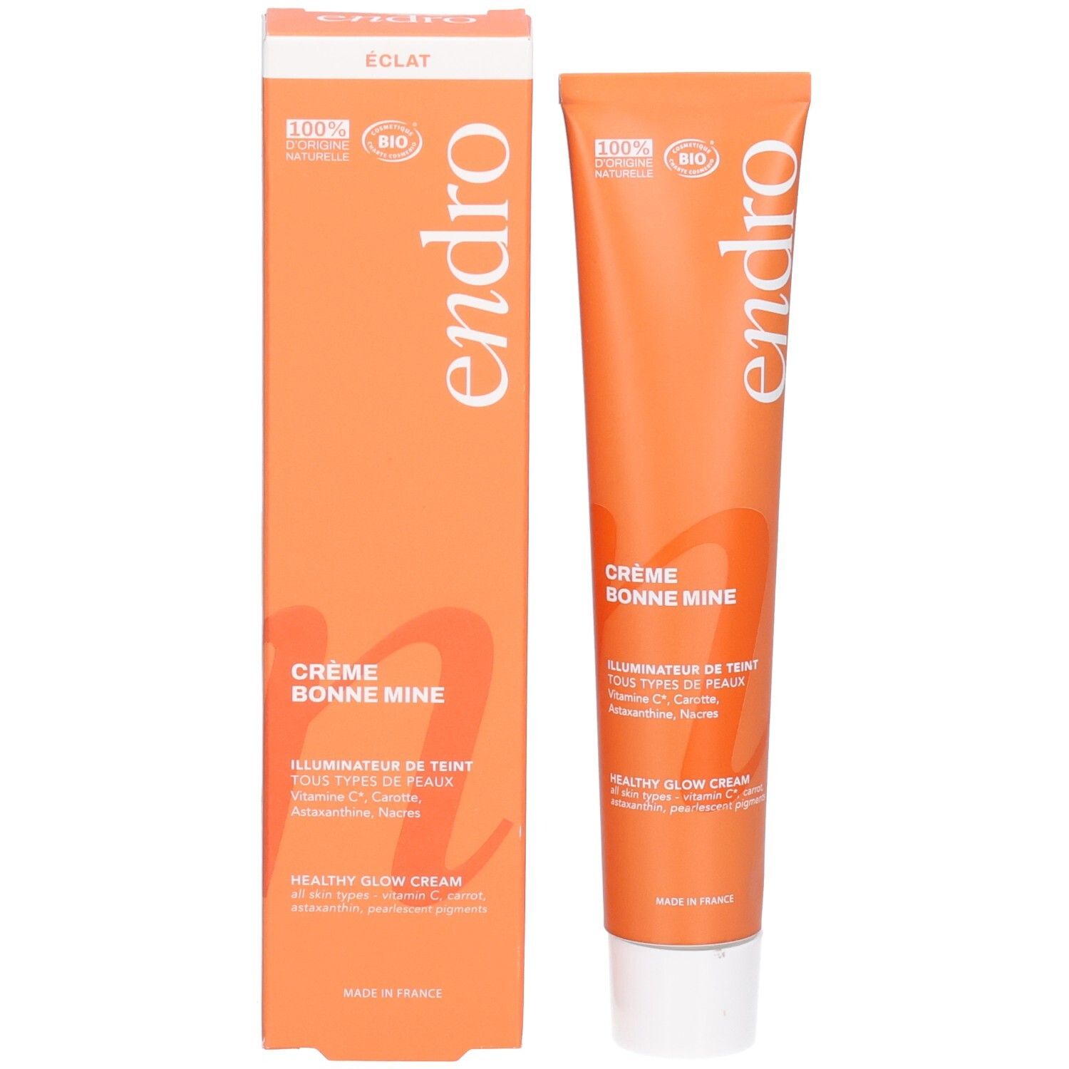 Orangefarbene Produktverpackung und Tube "Endro Crème Bonne Mine". "Eclat" und "100% Naturel Bio" sind sichtbar.