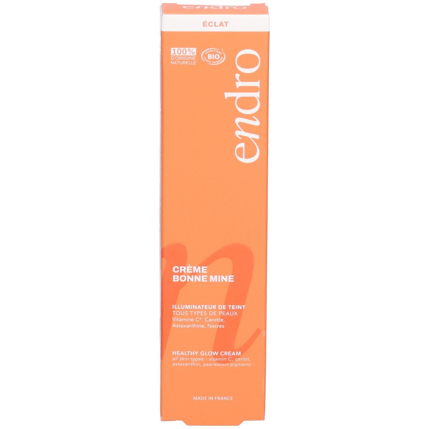 Orangefarbene Produktverpackung "Endro Crème Bonne Mine" mit "Eclat" und "100% Naturel Bio" Siegeln.