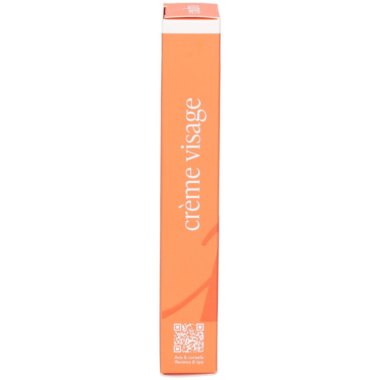 Seitenansicht einer orangefarbenen Produktverpackung mit der Aufschrift "crème visage".