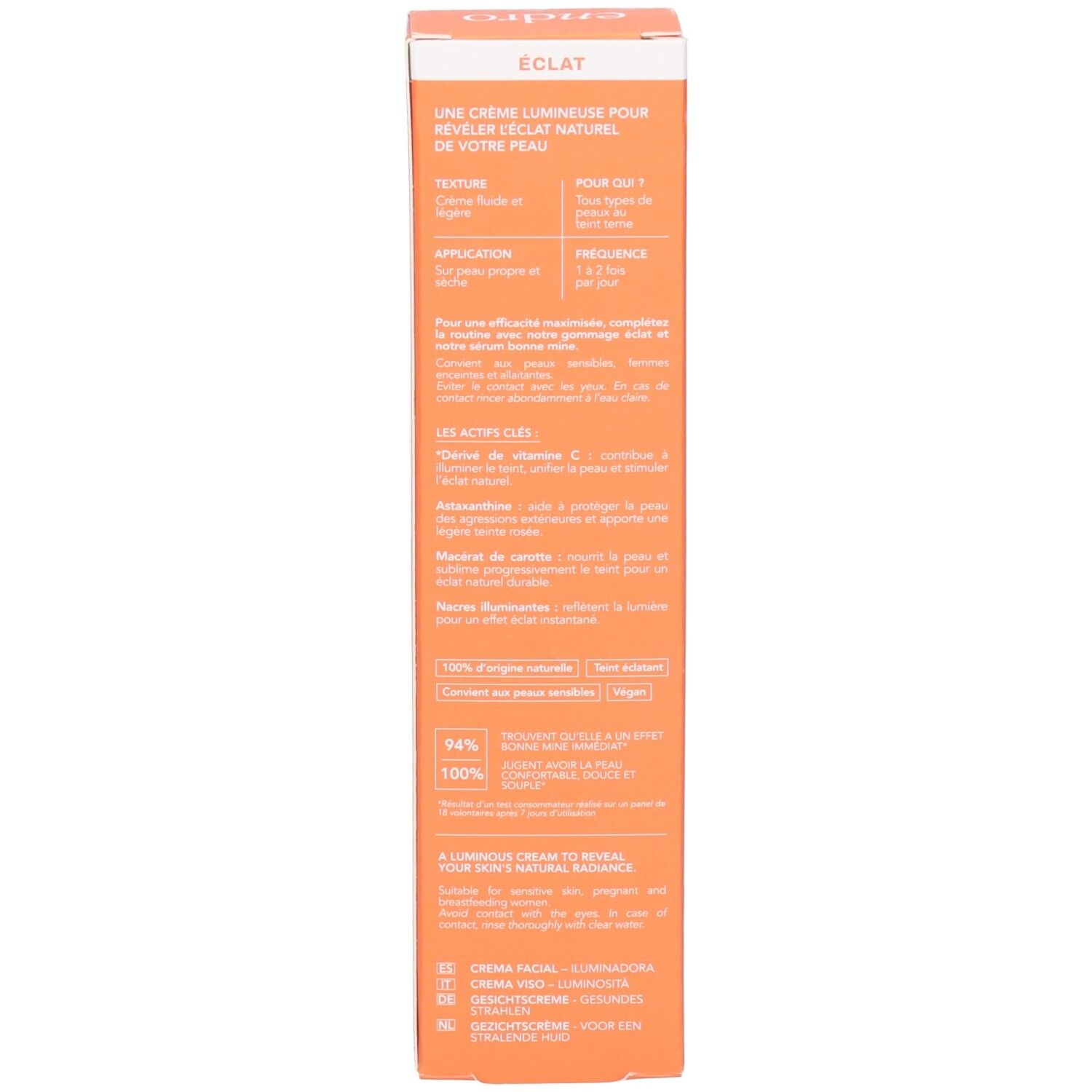 Detailansicht der Produktverpackung mit Informationen zu Textur, Anwendung und Wirkstoffen.