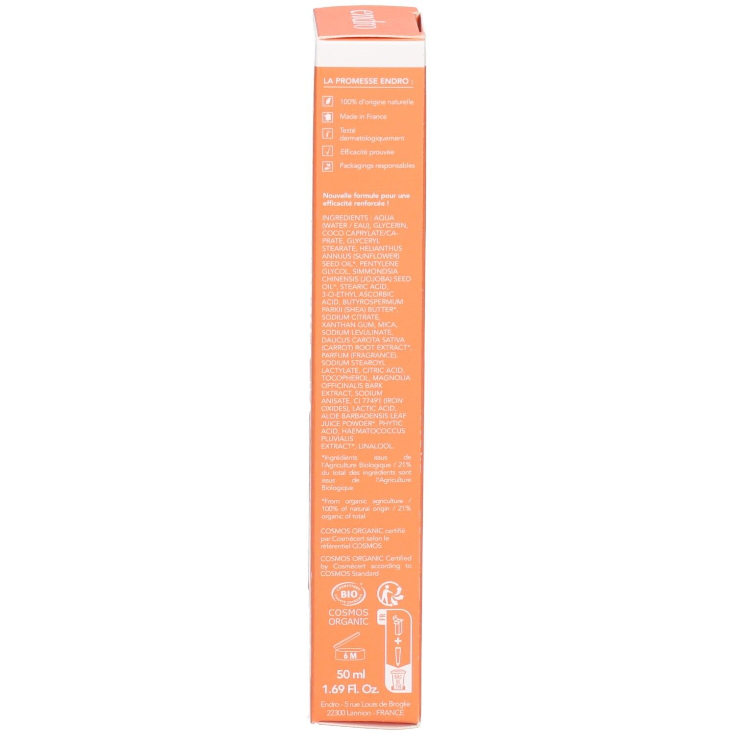 Rückseite der Produktverpackung mit Inhaltsstoffen, Zertifizierungen und 50 ml / 1.69 fl. Oz. Angabe.