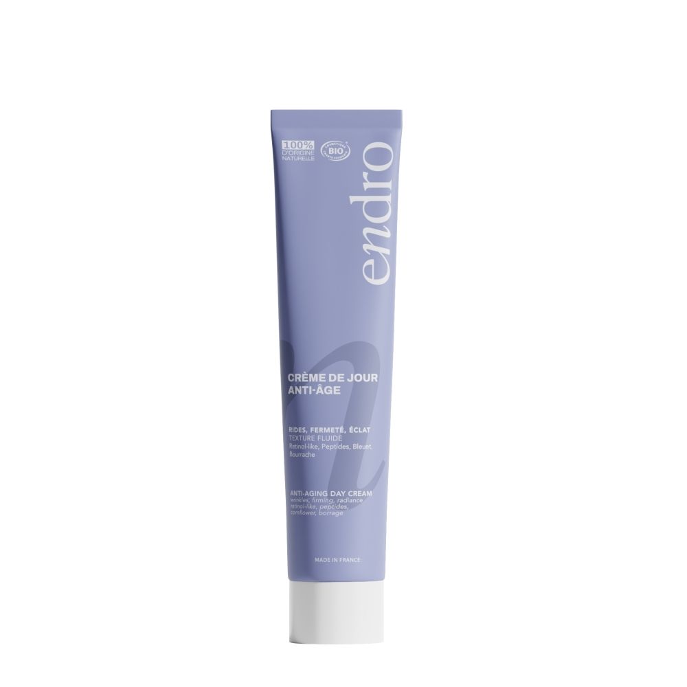 Tube de crème de jour anti-âge Endro. "Crème de jour anti-âge" et "Anti-Aging Day Cream" sont imprimés.