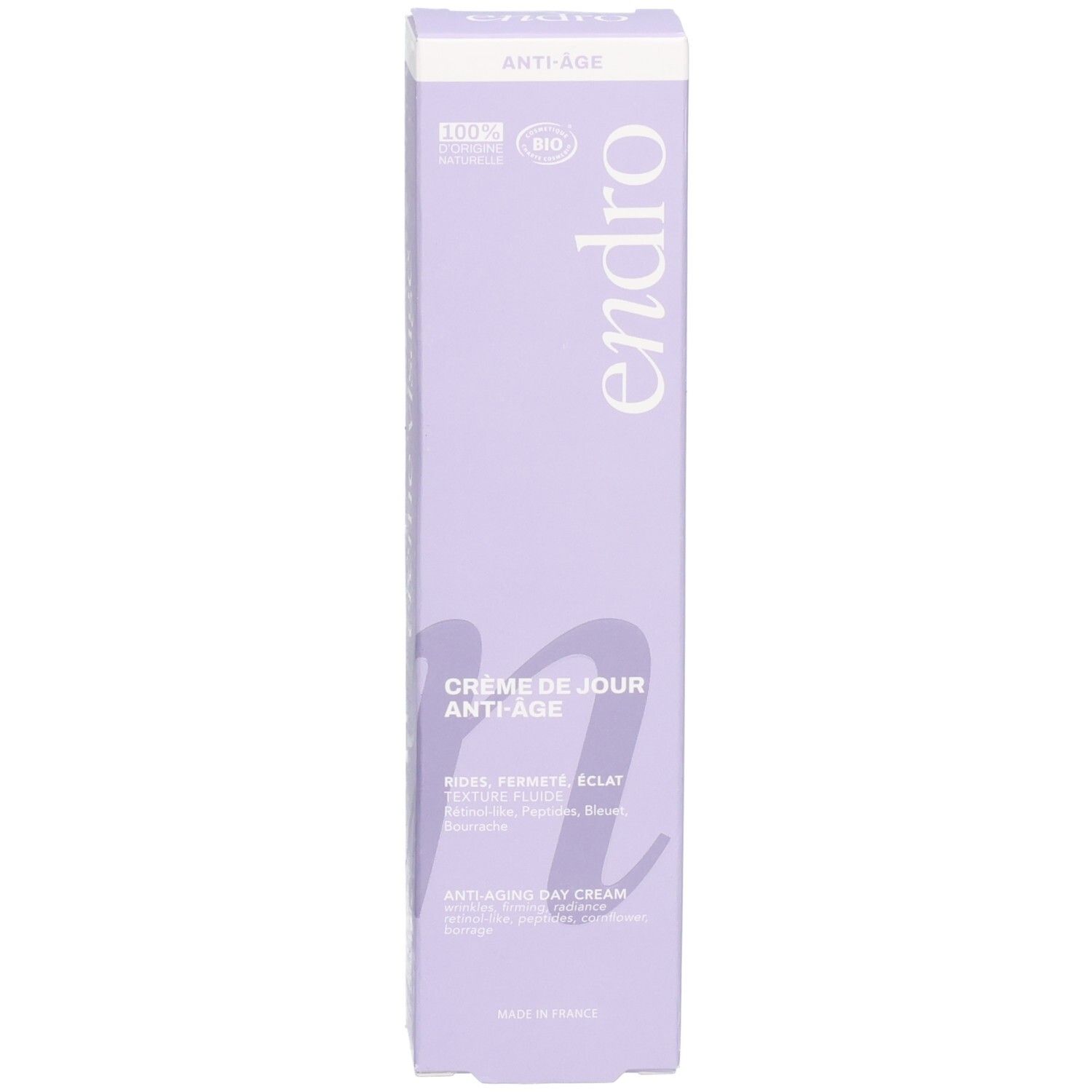 Endro Anti-Aging Tagescreme Verpackung. "Anti-Âge" und "Endro" sind auf der Vorderseite aufgedruckt.