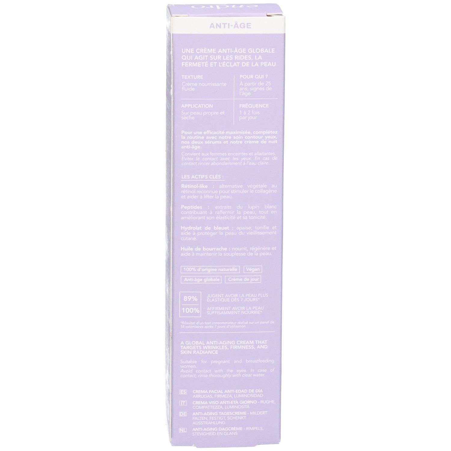 Rückseite der Endro Anti-Aging Tagescreme Verpackung mit detaillierten Produktinformationen und Inhaltsstoffen.