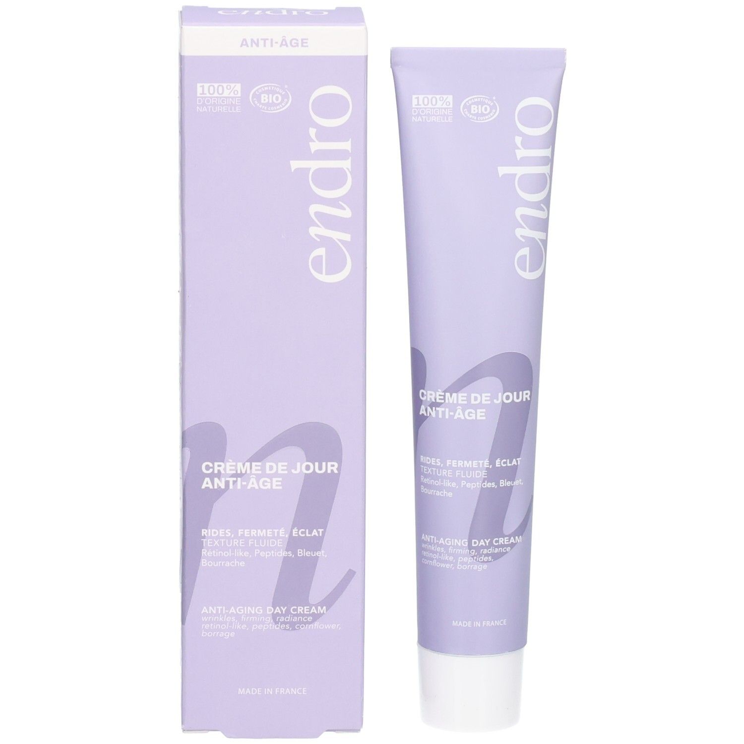 Endro Anti-Aging Tagescreme und ihre Verpackung. Die Tube ist lila mit weißem Aufdruck.