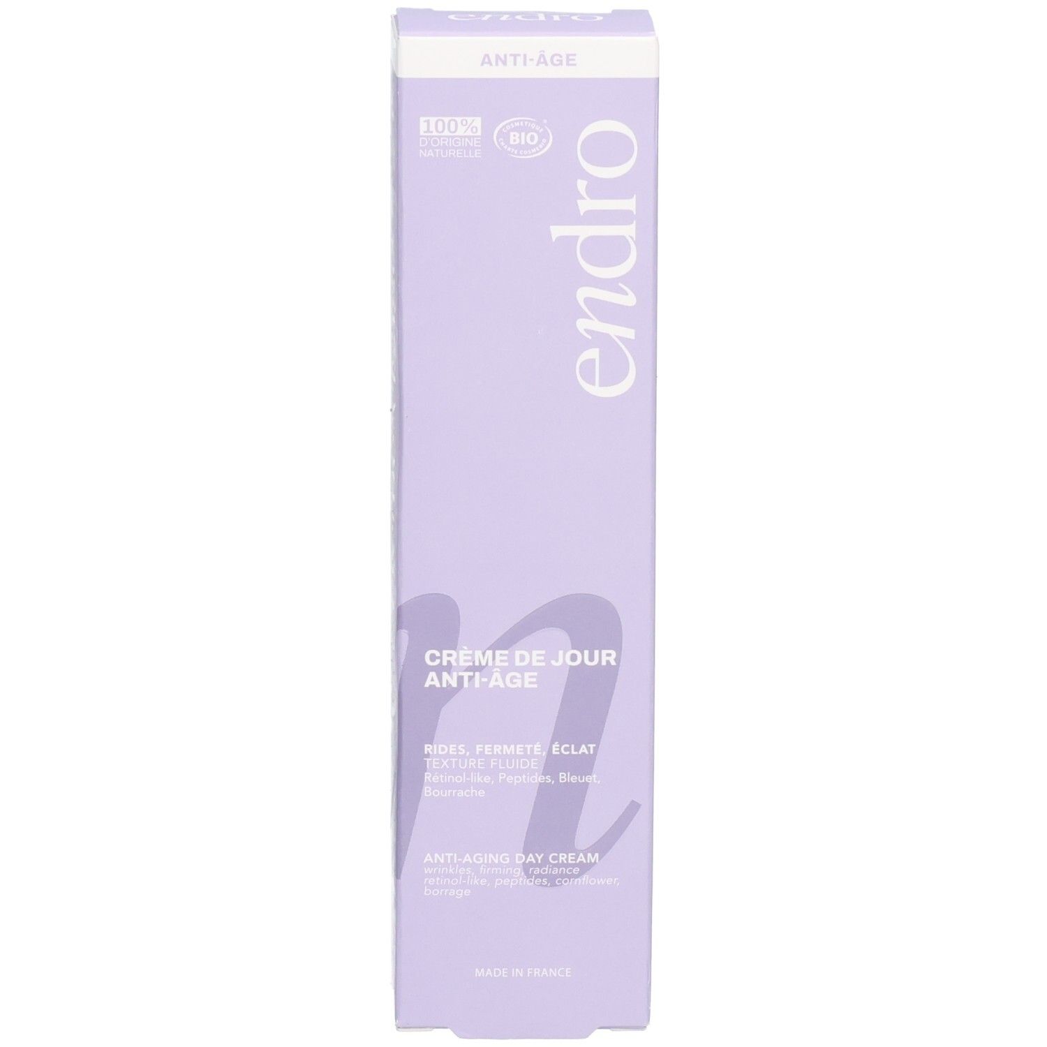 Endro Anti-Aging Tagescreme Verpackung. "Anti-Âge" und "Endro" sind auf der Vorderseite aufgedruckt.
