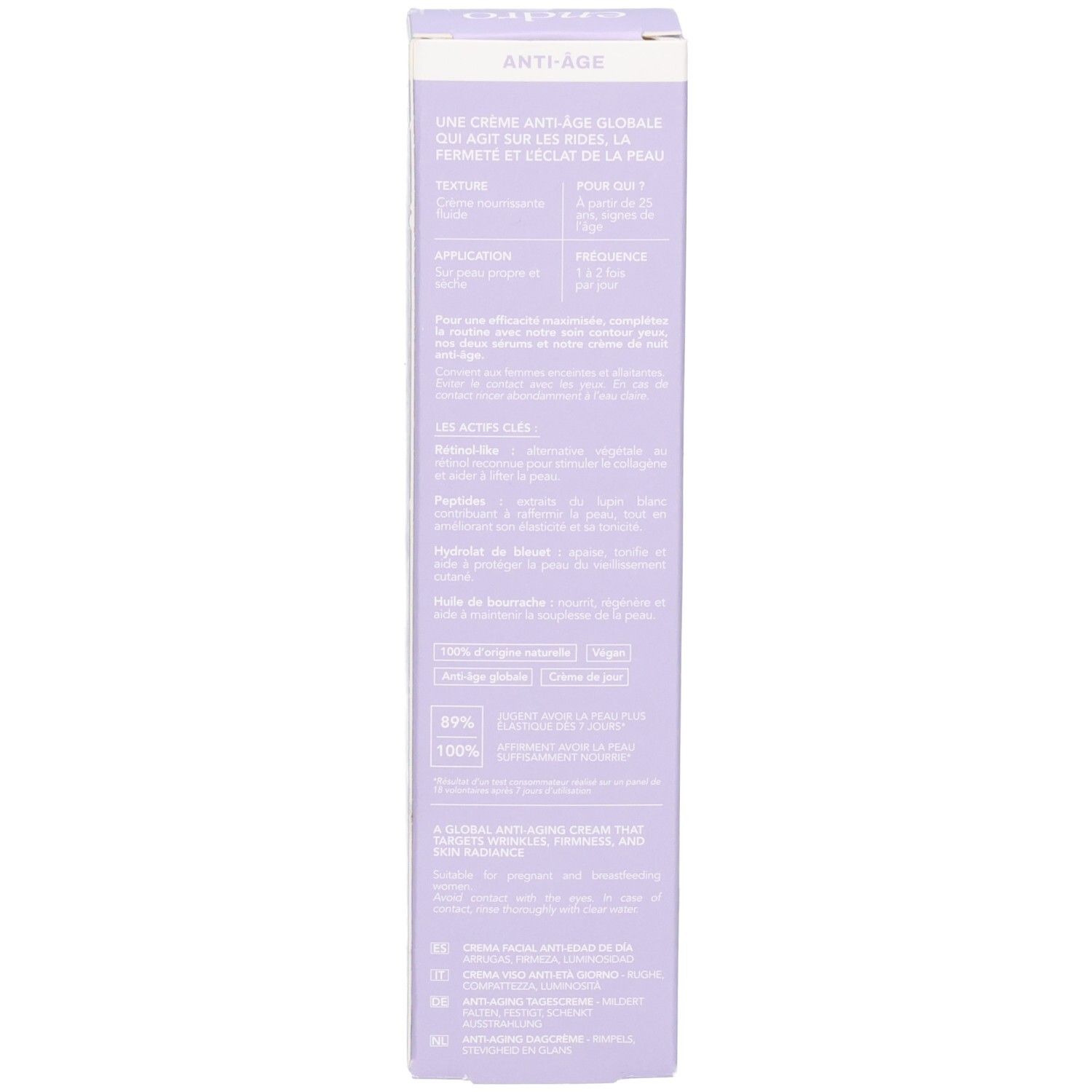 Rückseite der Endro Anti-Aging Tagescreme Verpackung mit detaillierten Produktinformationen und Inhaltsstoffen.