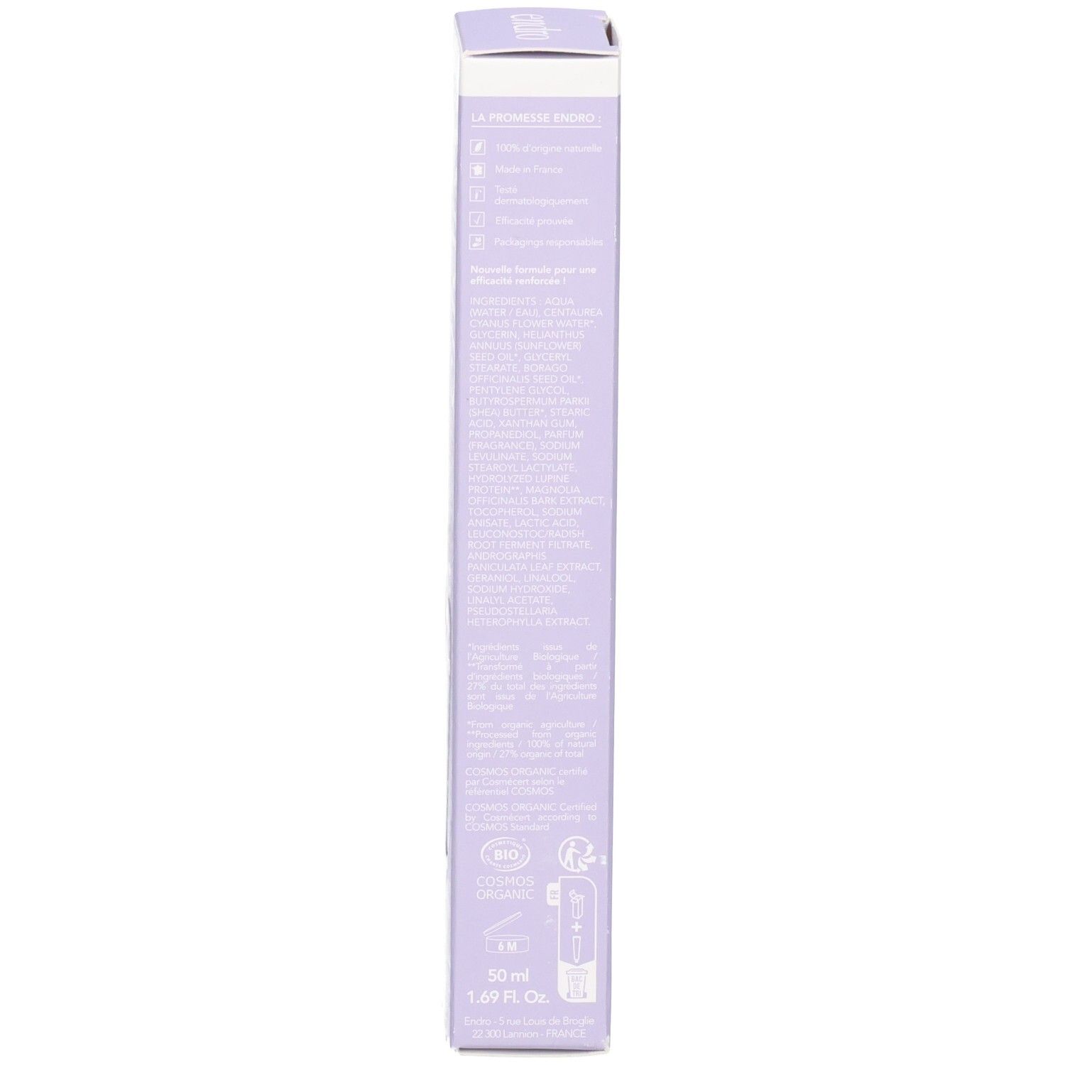 Seitenansicht der Endro Anti-Aging Tagescreme Verpackung mit Produktinformationen und Bio-Siegeln.