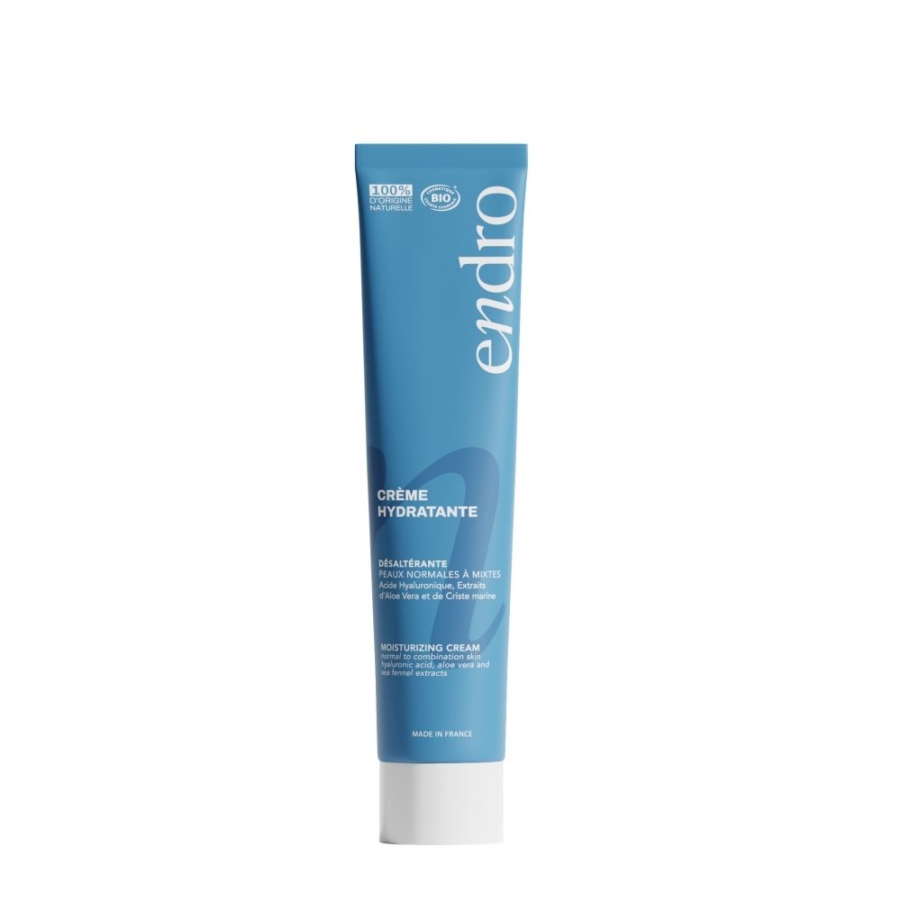Tube de crème hydratante Endro avec sceau Bio et indication 100% naturelle.