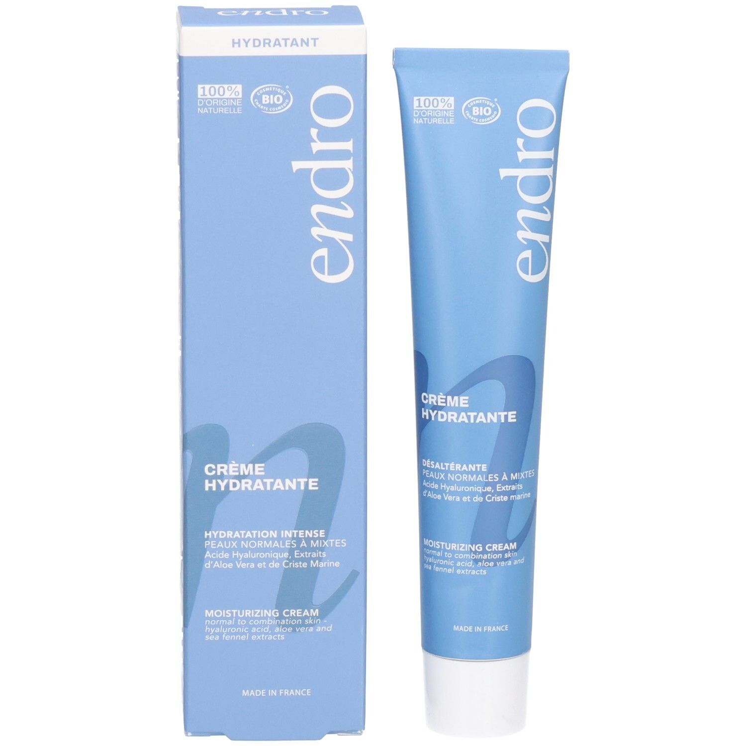 Endro Feuchtigkeitscreme Tube und Verpackung mit Bio-Siegel und 100% natürlicher Angabe.