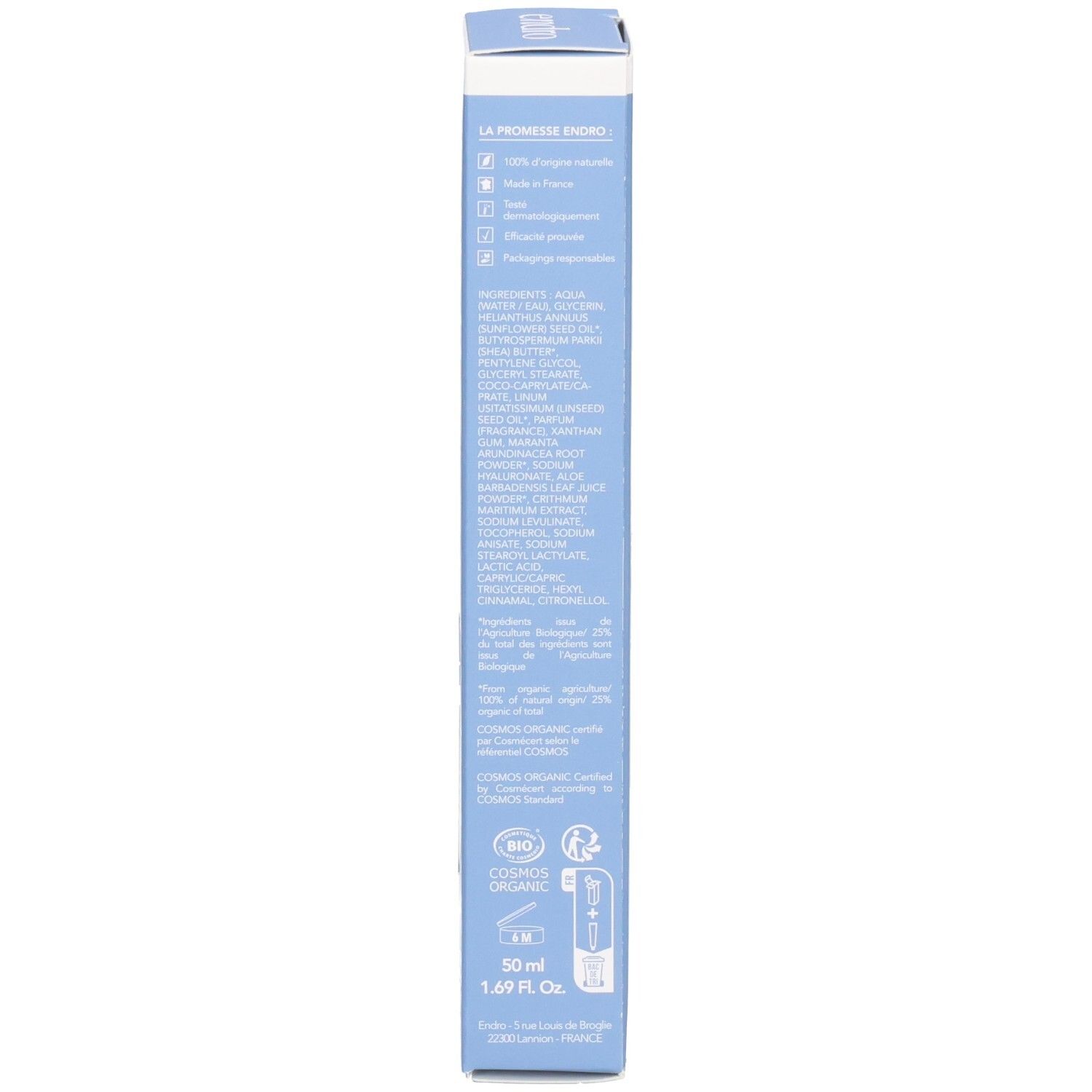 Seitenansicht der Endro Feuchtigkeitscreme Verpackung mit Inhaltsstoffen und Zertifizierungen.