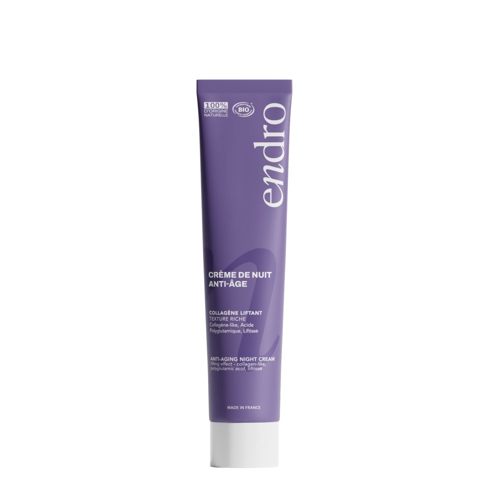 Tube de crème de nuit anti-âge Endro. Tube lilas avec inscription blanche et nom du produit.