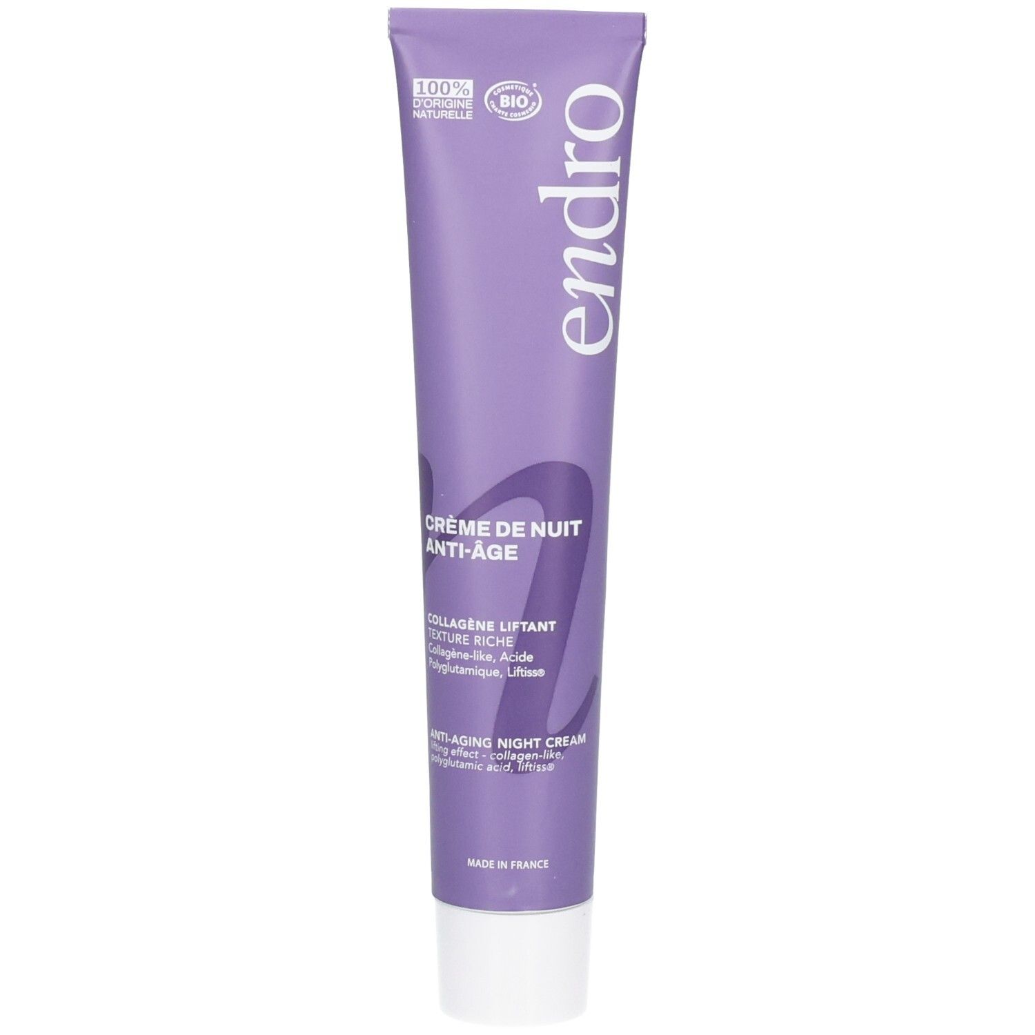 Endro Anti-Aging Nachtcreme Tube mit weißem Deckel. Lilla Tube mit weißem Schriftzug.