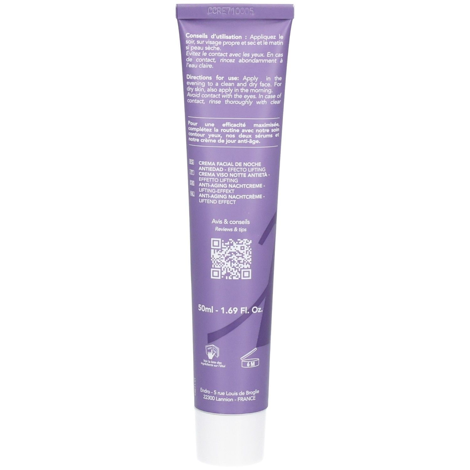 Rückseite einer Endro Anti-Aging Nachtcreme Tube mit Anwendungshinweisen und QR-Code.