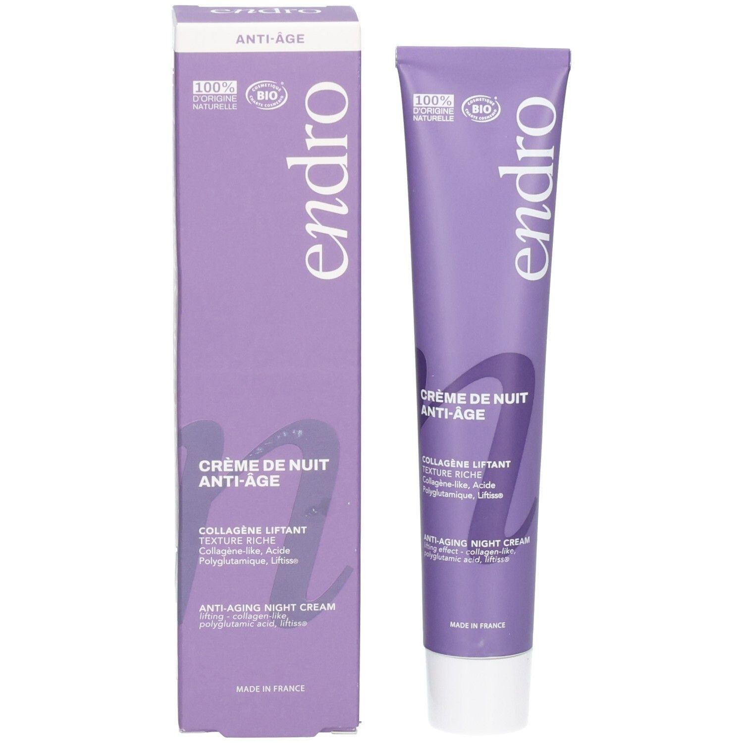 Endro Anti-Aging Nachtcreme Tube und Faltschachtel. Lilla Verpackung mit weißem Schriftzug.